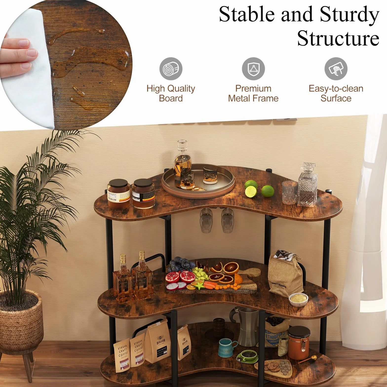 LIFEZEAL Tavolo bar a 3 livelli con portabicchieri da vino, mangia in piedi con deposito e supporto rialzato, tavolo alto da cucina altezza 102 cm, telaio in metallo e ripiani in legno, carico 90 kg