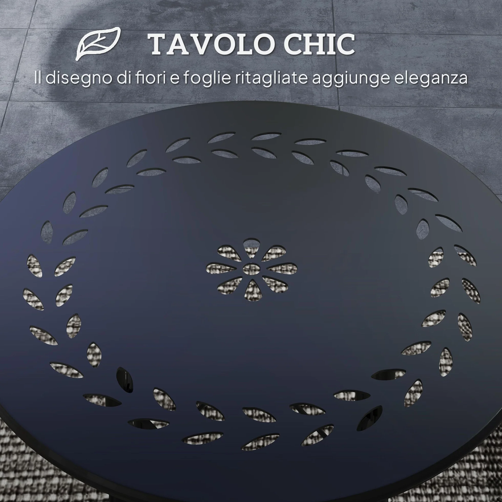 Outsunny Tavolino da Giardino Ø40 cm con Intagli a Fiori e Foglie, Tavolo Rotondo da Esterno e Interno con Piedini Regolabili, Tavolino da Caffè e Portapiante, in Acciaio, Nero