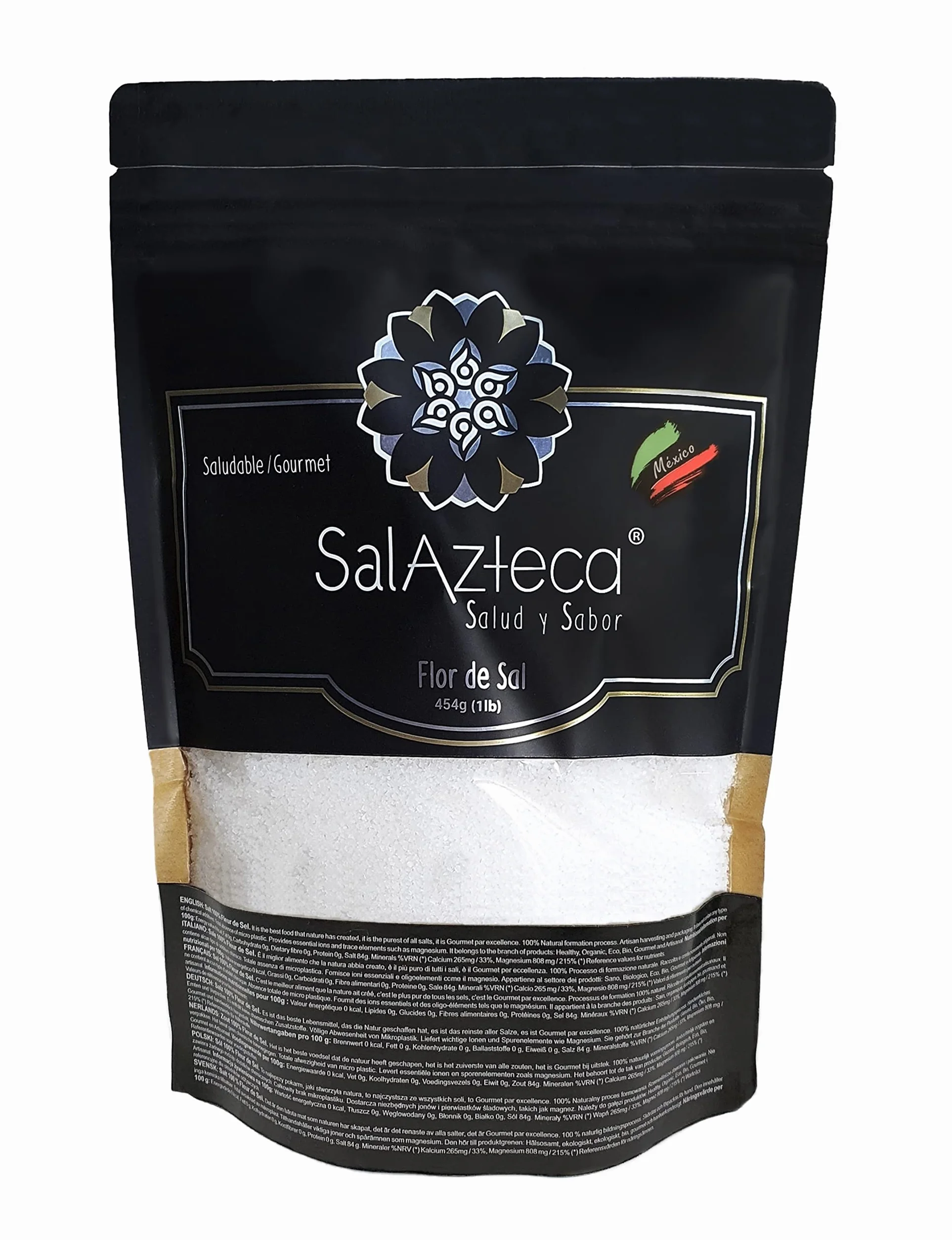 Sal Azteca/Fior di Sale/Fleur de Sel - Sale con meno sodio, alternativa al sale comune, 100% puro e naturale. Ricco di minerali. Ricco di magnesio. Gourmet per eccellenza (454g 1 unità)