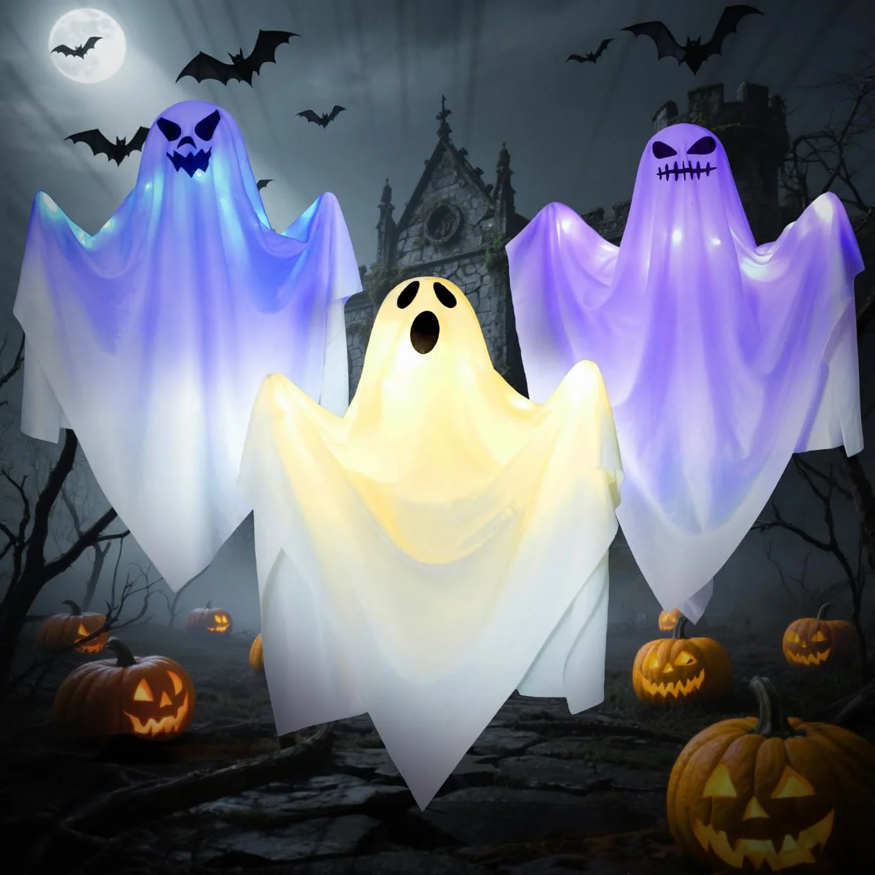 LUZOON Decorazione per Halloween, per esterni, Halloween, 3 pezzi, 65 x 70 cm, con luci a LED, fantasma, sacco a vento, decorazione da appendere per interni ed esterni, giardino horror