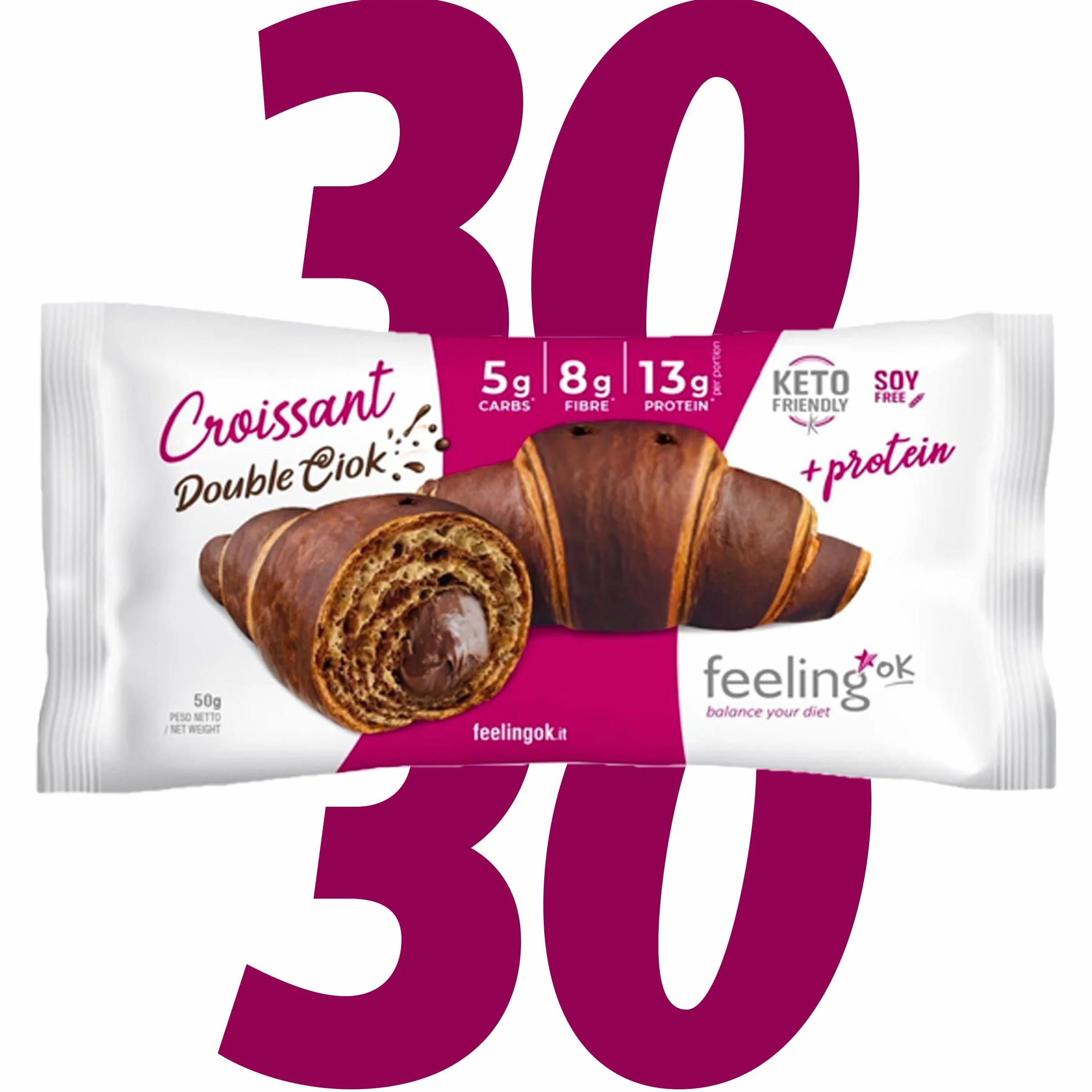 FEELING OK - Croissant Double Cioc - Croissant Doppio Cioccolato Proteico con Riepieno - 50 gr x 30 Croissant