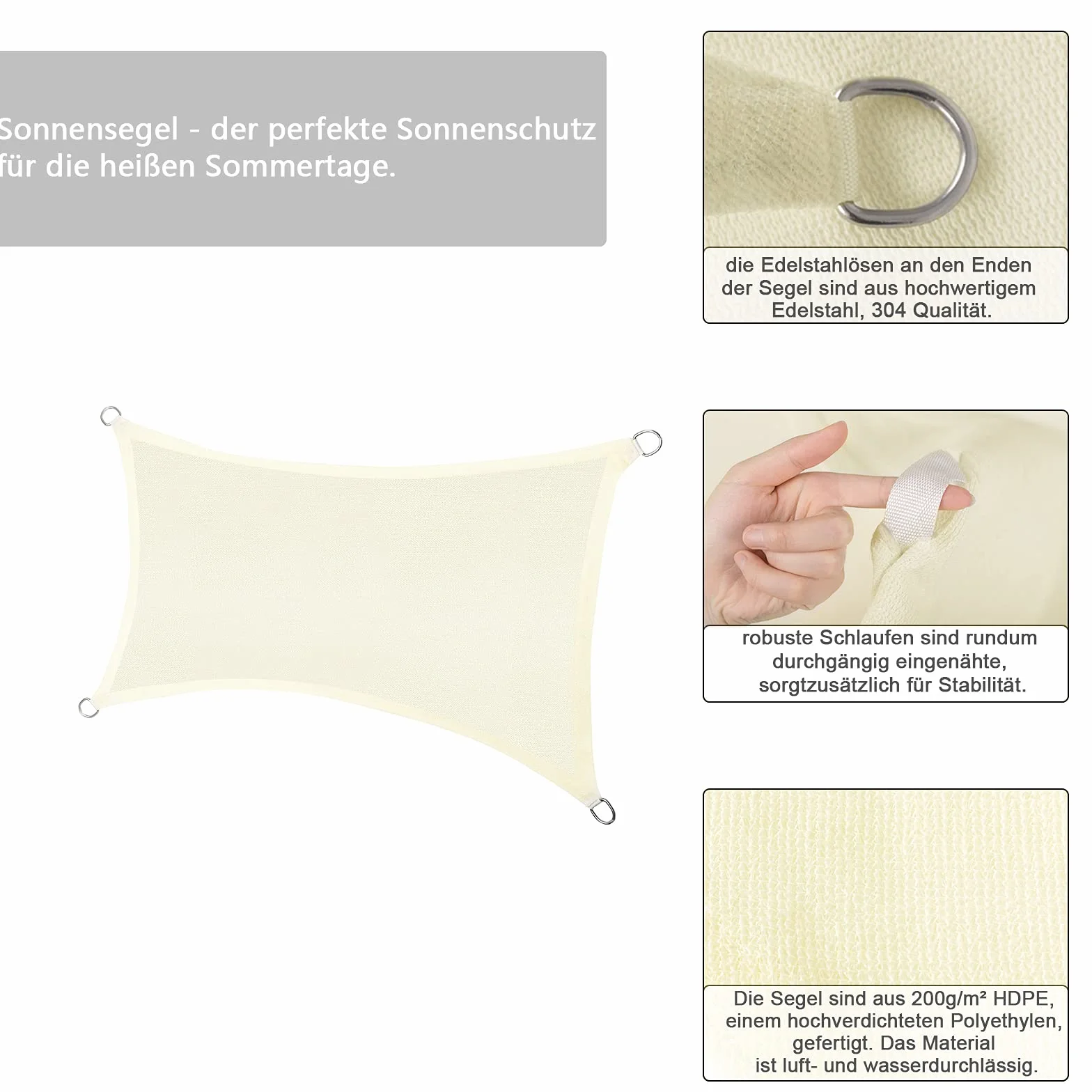Laneetal Vela Ombreggiante Idrorepellente, Telo Parasole in HDPE Anti UV 95% Protezione Tenda da Sole per Esterno, Tenda Parasole Rettangolare,Quadrato per Giardino, Balcone, Piscina