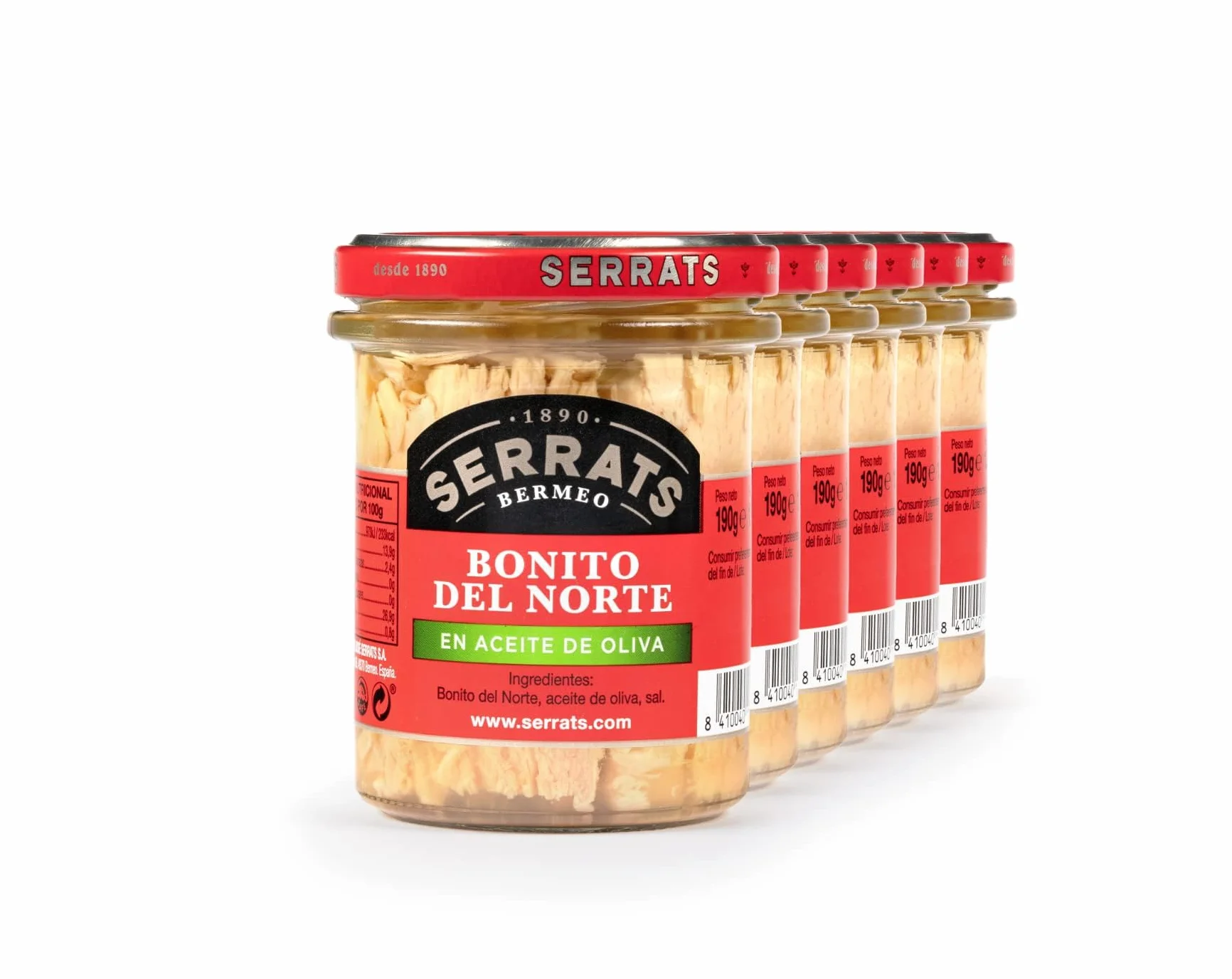 CONSERVAS SERRATS - Tonno Bianco del Cantabrico in Olio d'Oliva - 6 Vasetti x 190g (Totale: 1140g) - Lavorazione Artigianale dal 1890 - Senza Glutine - Ricco di Omega 3 – Premium
