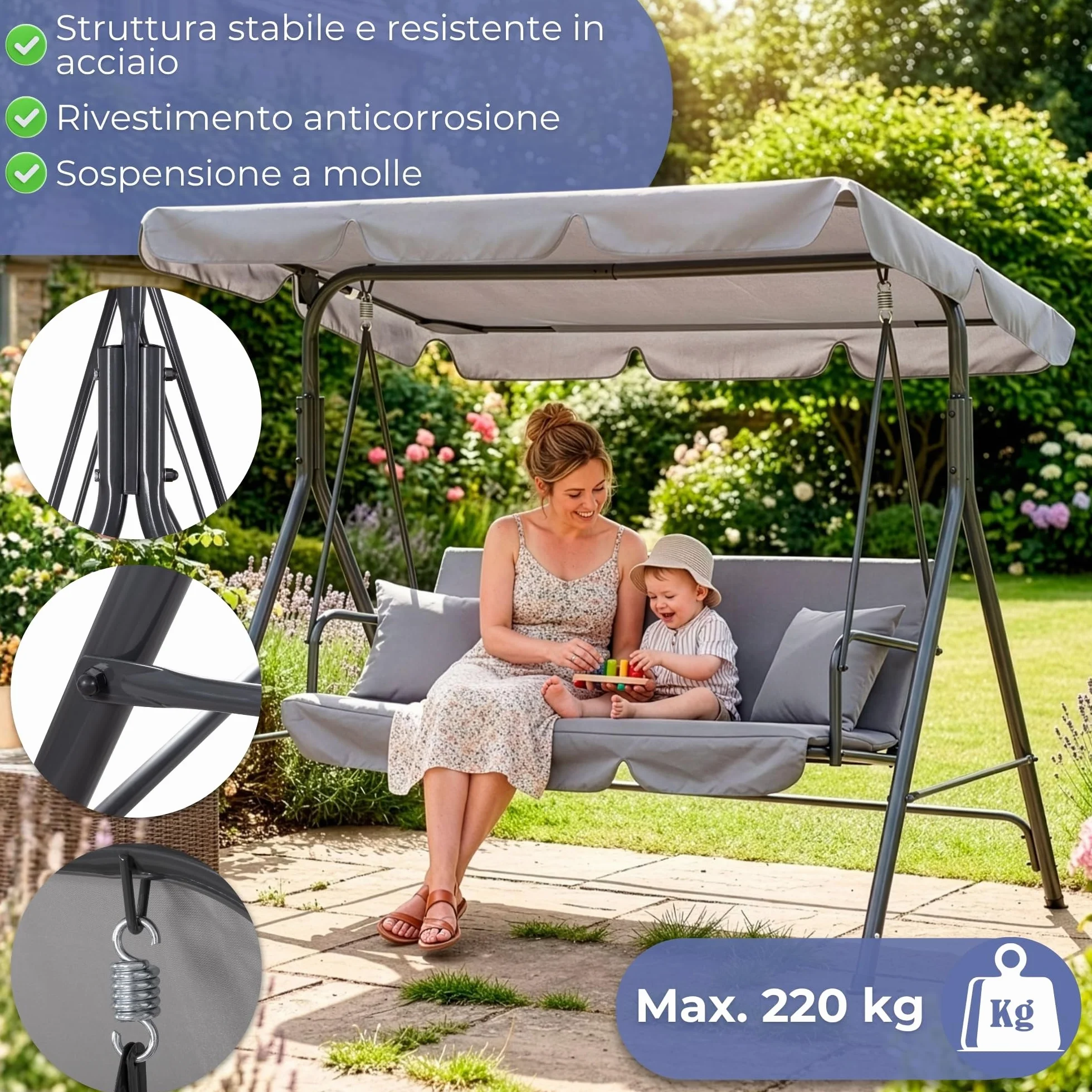 Springos Dondolo da giardino Luna, con parasole e cuscini, panca a dondolo, per 3 persone, da 150 x 170 x 110 cm (H x l x P), di colore grigio