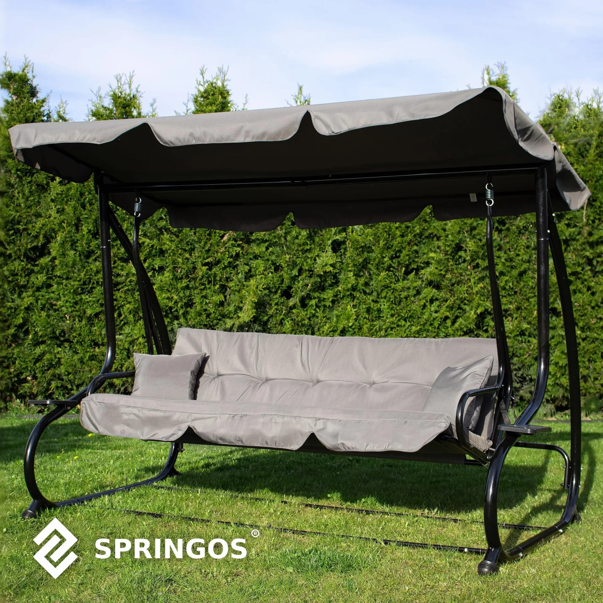 SPRINGOS - Dondolo da giardino a 4 posti, 220 x 162 cm, con 2 cuscini, cuscino per dondolo, con portabicchieri e funzione reclinabile