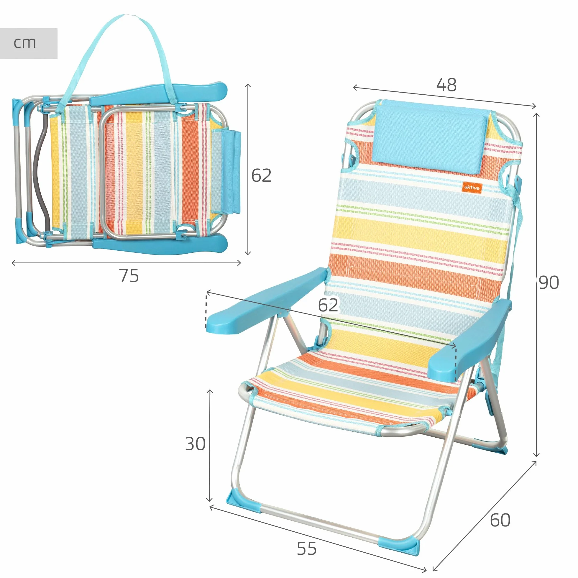 AKTIVE Sedia da spiaggia pieghevole, 48x60x90 cm, reclinabile in 5 posizioni