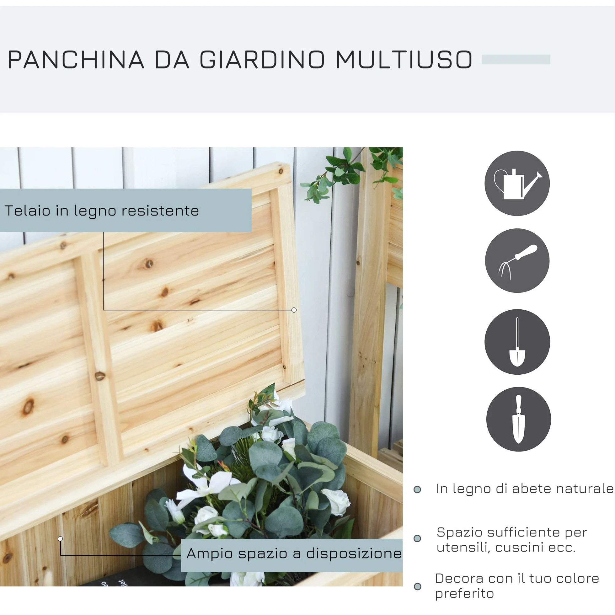 Outsunny Panca Contenitore da Esterno in Legno di Abete Naturale con Schienale per Giardino e Terrazza, 115x45x75cm