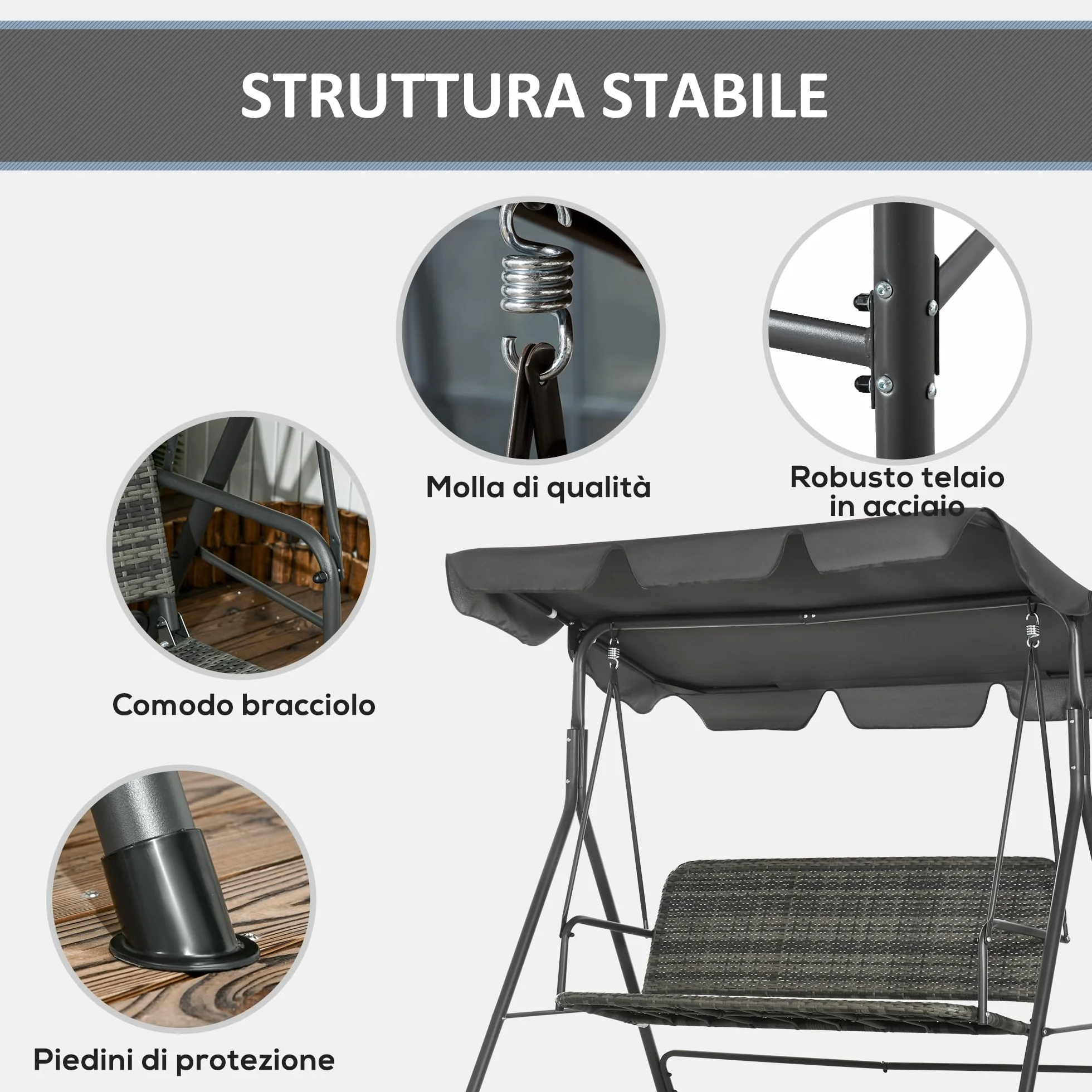 Outsunny Dondolo da Giardino 3 Posti con Tettuccio Parasole Regolabile, Dondolo da Esterno con Seduta Traspirante in Rattan PE e Acciaio, Portata fino a 240 kg, 167x112x153 cm, Grigio Scuro