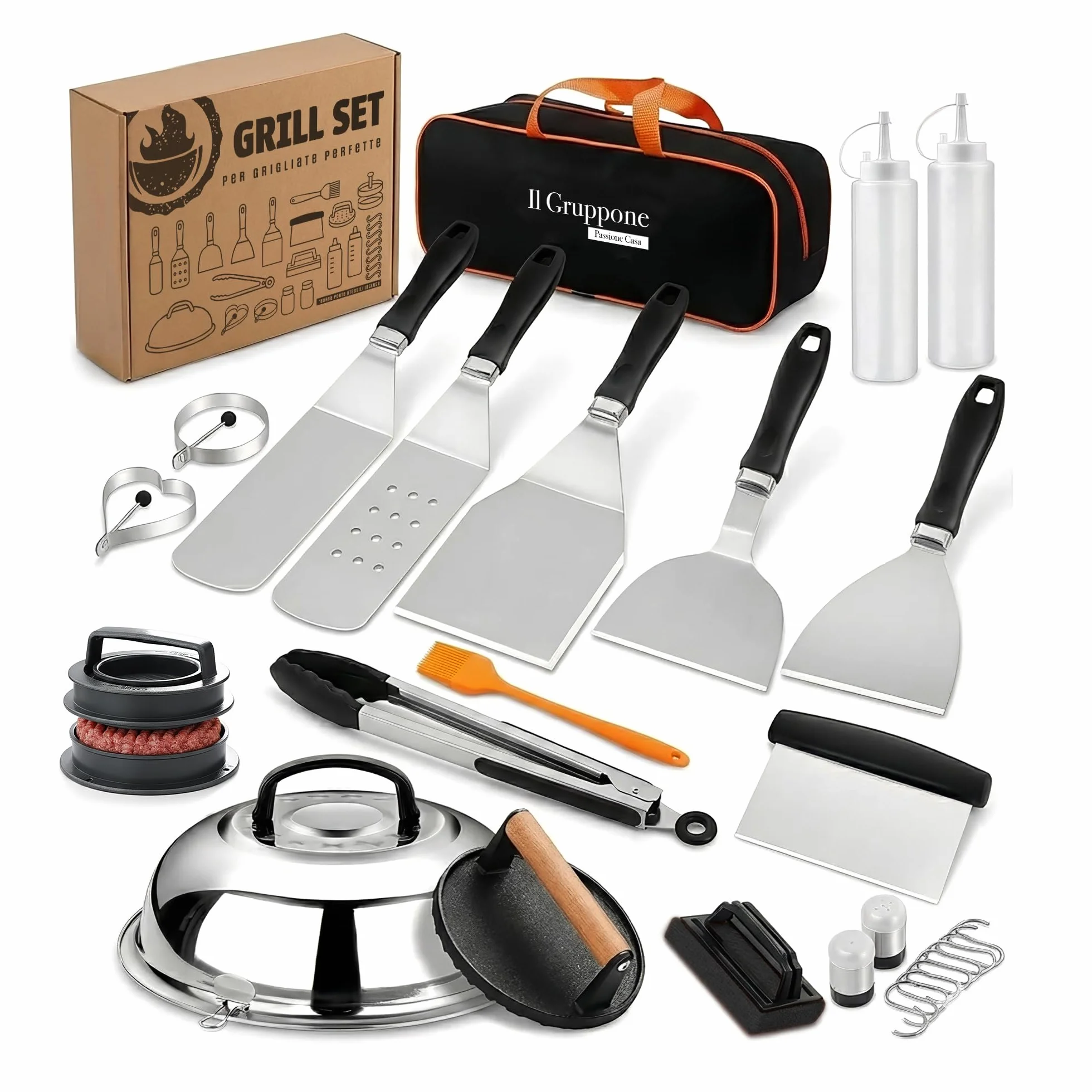 IlGruppone Set Accessori Barbecue Professionale 27 Pezzi Kit Completo BBQ Smash Burger, Pressa Hamburger, Spatole, Pinze, Cloche e Dispenser Salse – Utensili in Acciaio Inox con Borsa Trasporto