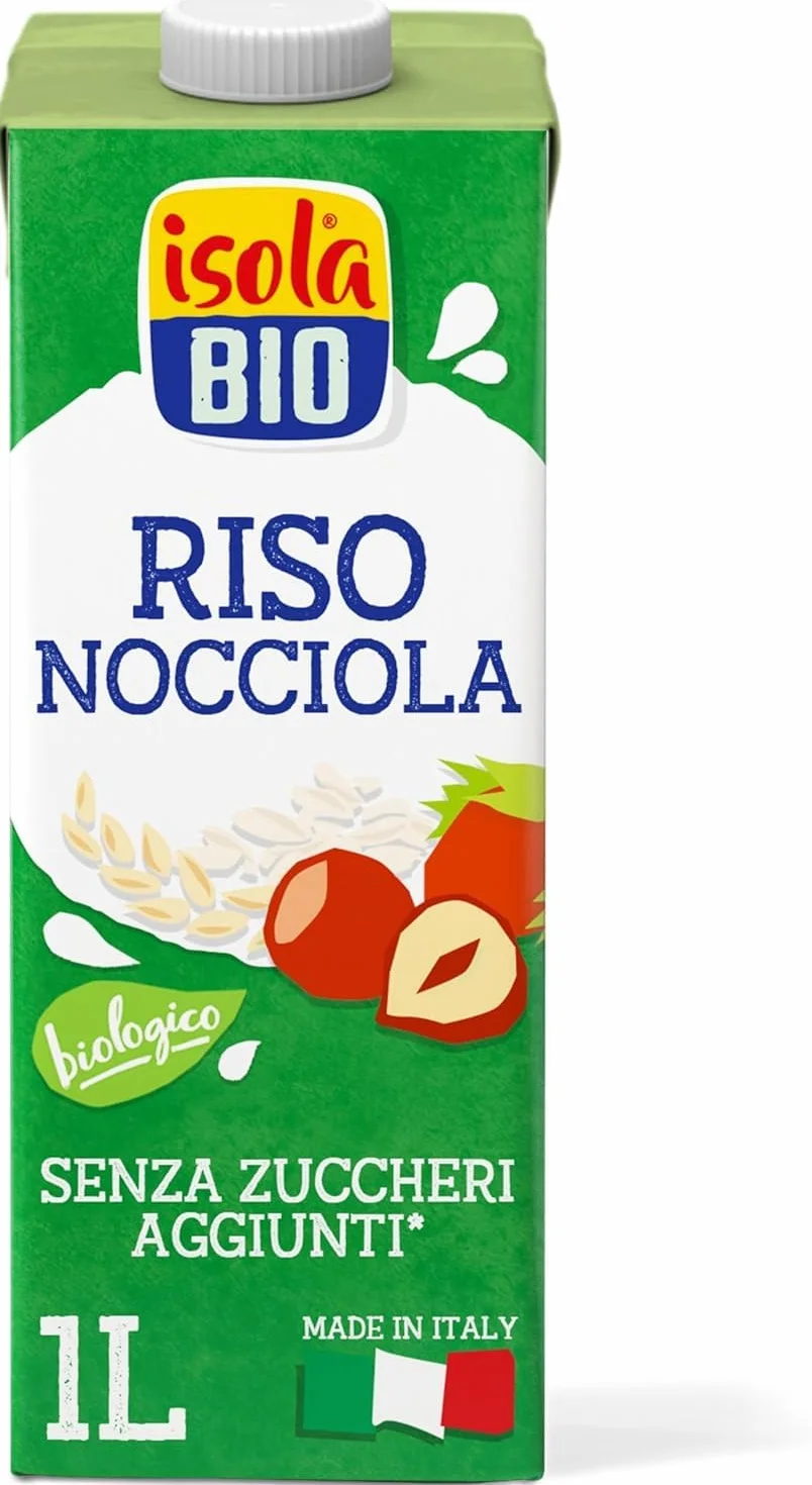 Isola Bio Bevanda di Riso Nocciola, Riso e Nocciole Biologiche Italiane, 100% Ingredienti Naturali, Basso Contenuto di Grassi, Senza Zuccheri Aggiunti, Senza Glutine, Vegani e Vegetariani, Formato 1L