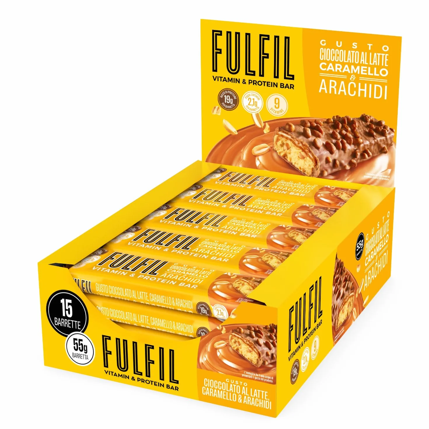 FULFIL - 15 Barrette Proteiche da 55 Grammi, Gusto Cioccolato Caramello e Arachidi con 9 Vitamine e Pochi Zuccheri, Confezione da 825 Grammi