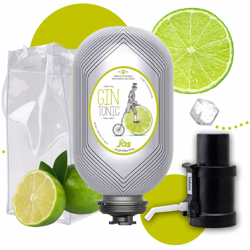 JAS Juicy & Sparkling GIN TONIC + Top Dispenser + Ice Bag Kit Completo | Cocktail alla Spina Pronto da Bere Premiscelato London Dry Gin & Acqua Tonica | Fustino MINIKEG alla Spina 3 LT. (20 porzioni)