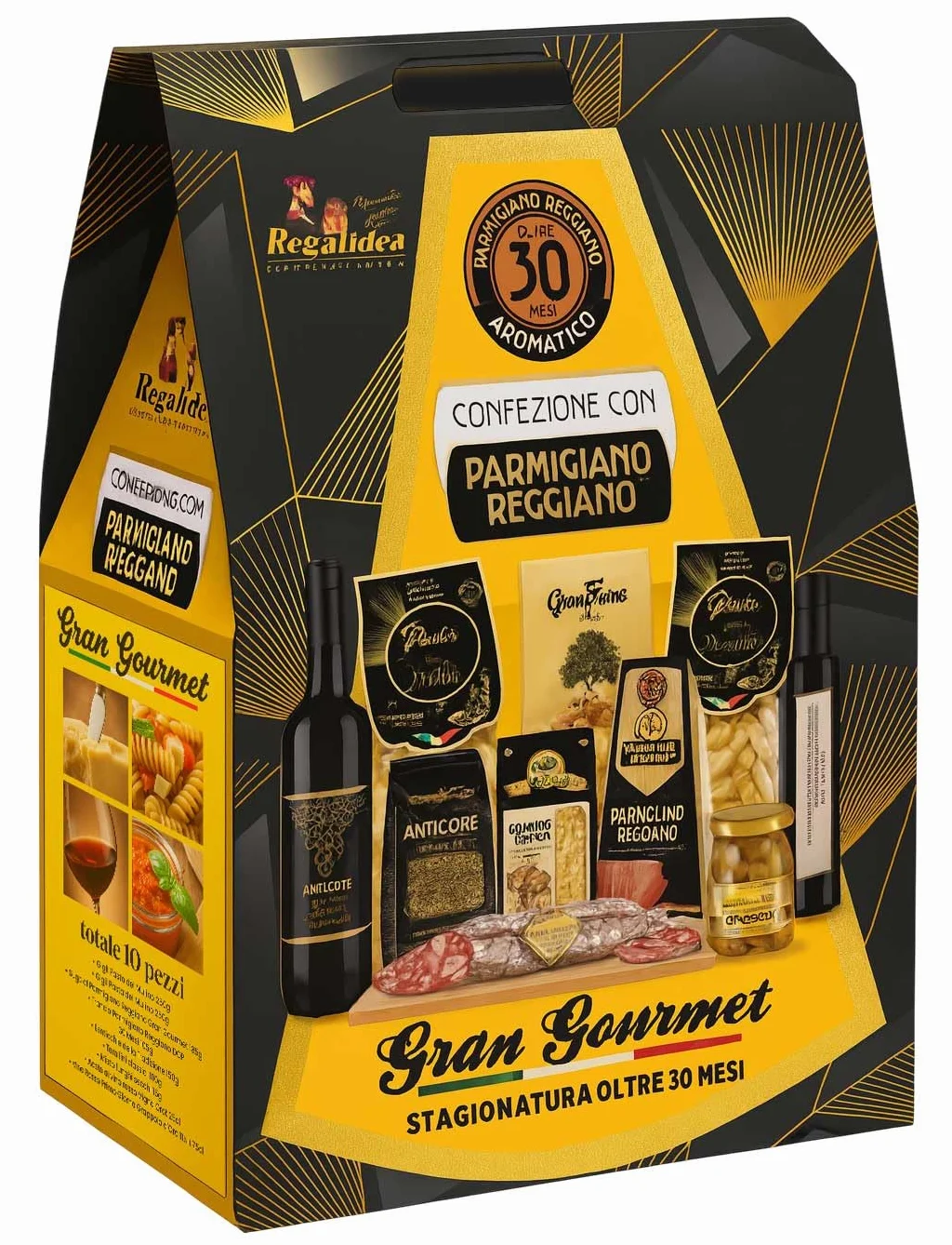 Regalidea Confezione Strenna Cesto Gran Gourmet 2025 con 10 pezzi: Pasta, Sugo, Trancio Parmigiano, Salame, Lenticchie, Tarallini, Funghi Secchi, Aceto e altro