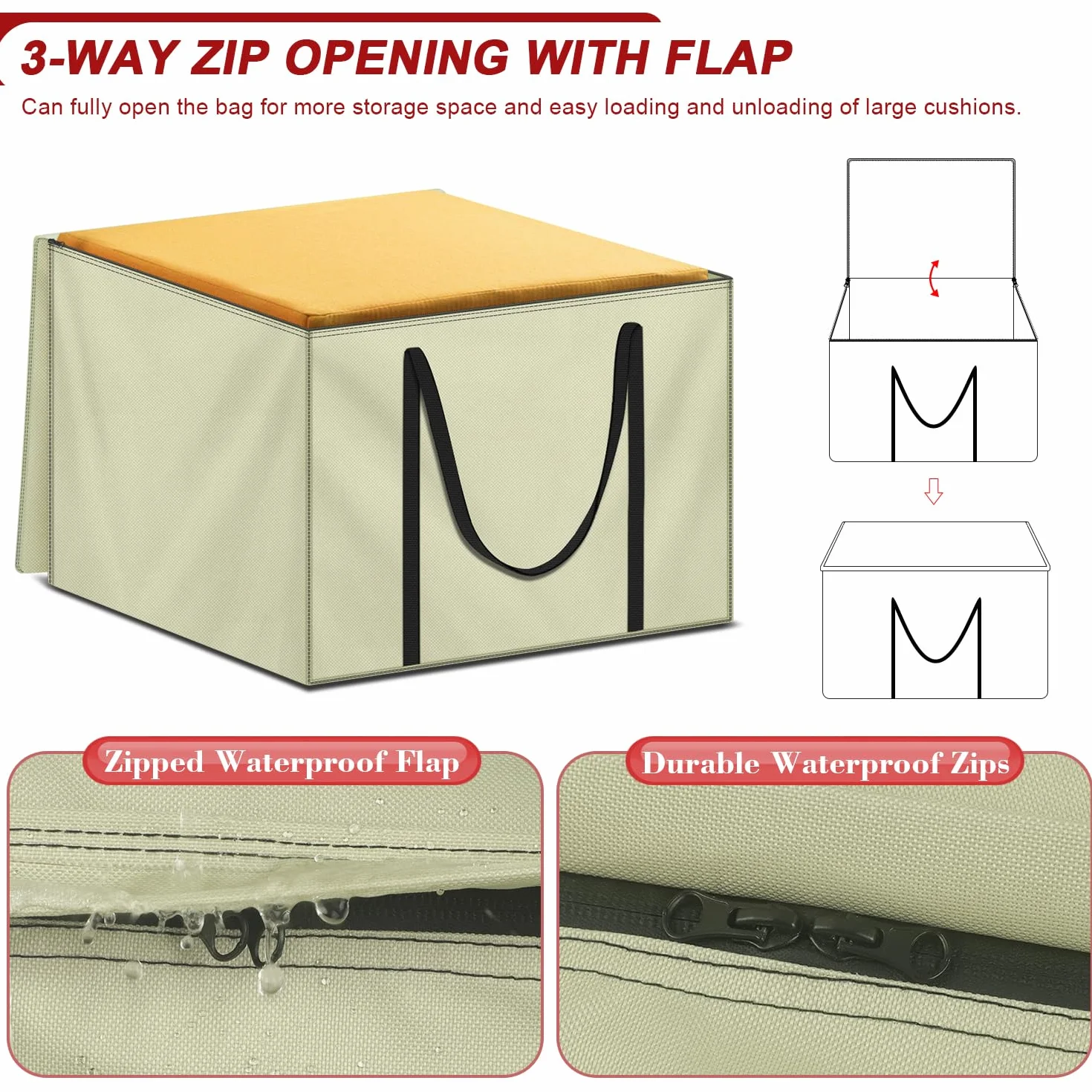 LAMUNI Borsa per Cuscini da Giardino Quadrato 80x80x60cm Borse di Stoccaggio per Esterni, Tessuto Oxford 600D Borsa Portaoggetti con Maniglie, Impermeabile Borsa Porta Cuscino da Letto
