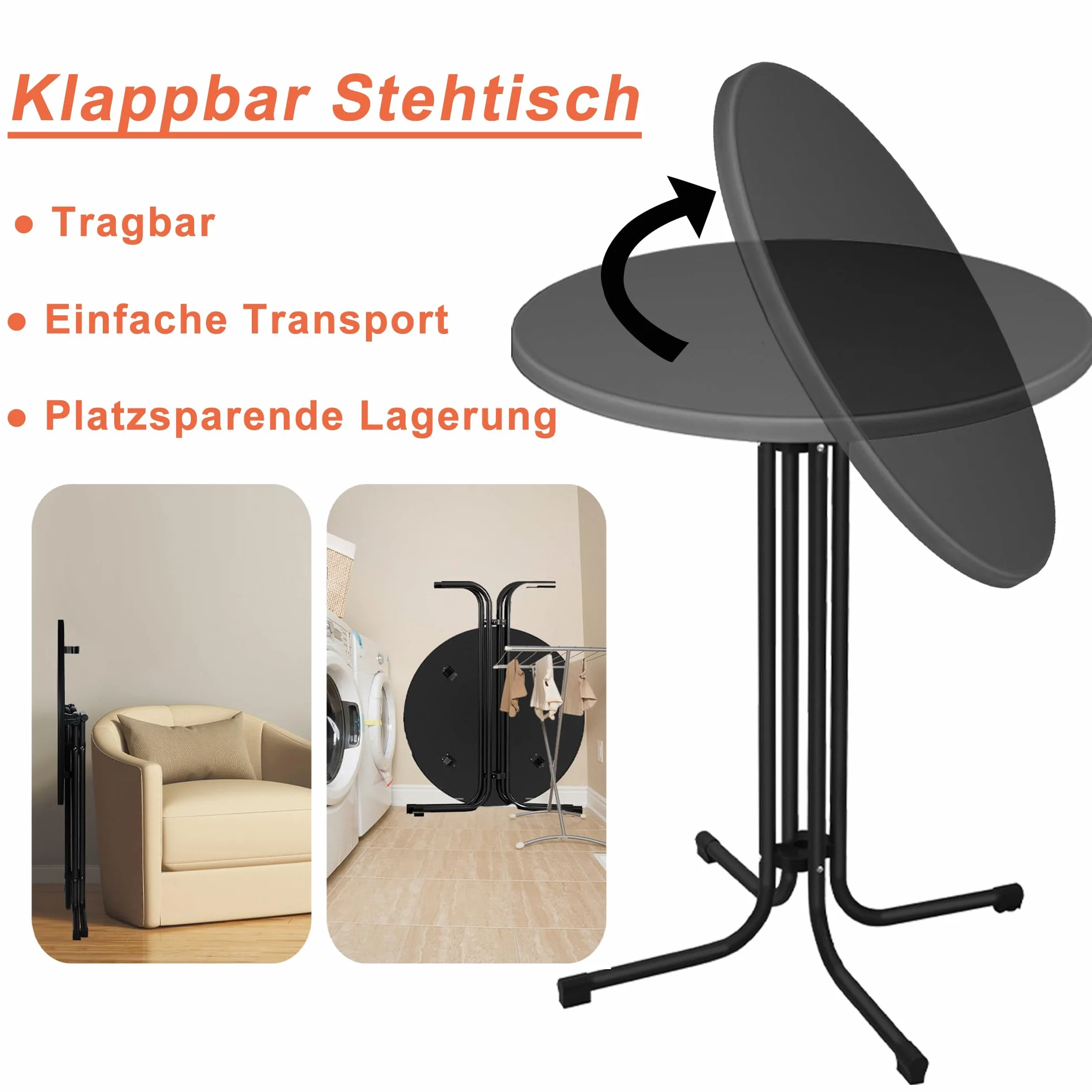 XMTECH Tavolo da bistrot pieghevole, Ø 80 cm, rotondo, altezza 110 cm, resistente alle intemperie, piedini regolabili in altezza, per interni ed esterni, colore nero