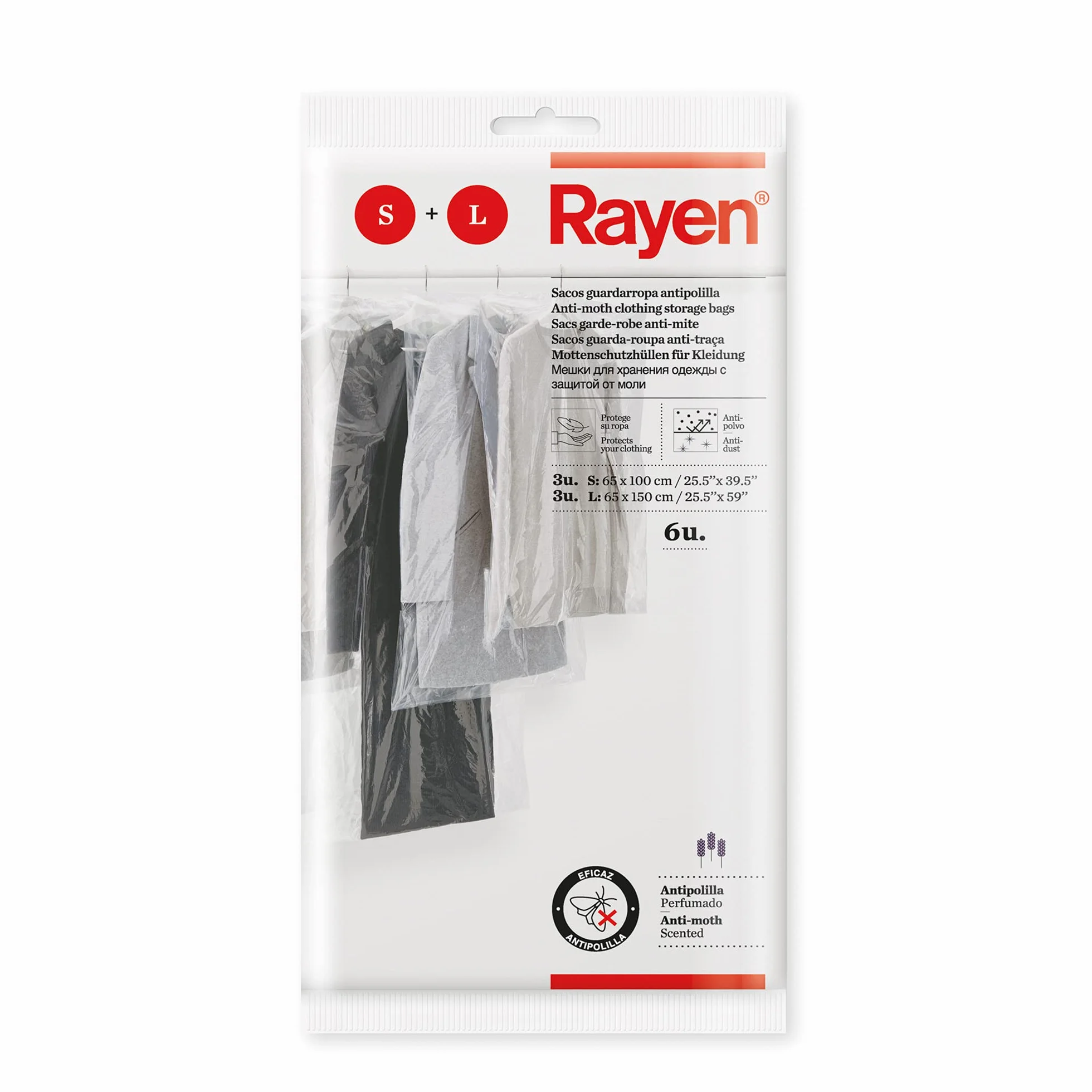 Rayen - Custodia per Armadio con antitarme. Confezione da 6 Sacchetti Trasparenti per riporre i Vestiti Antipolvere, in polietilene, 65 x 100 cm, 3 e 65 x 150 cm