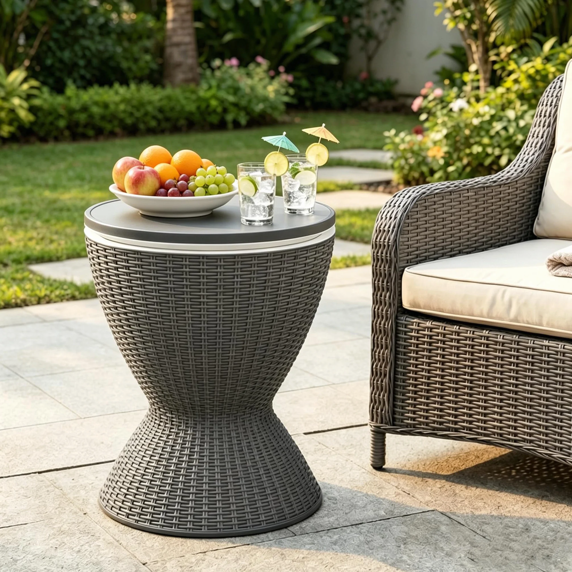 LIFEZEAL Secchiello Ghiaccio 30L, Stile Intrecciato in Rattan, Tavolino da Giardino con Contenitore Refrigerante, per Cortile, Balcone, Piscina e Campeggio 48,5 x 48,5 x 57,5/82 cm