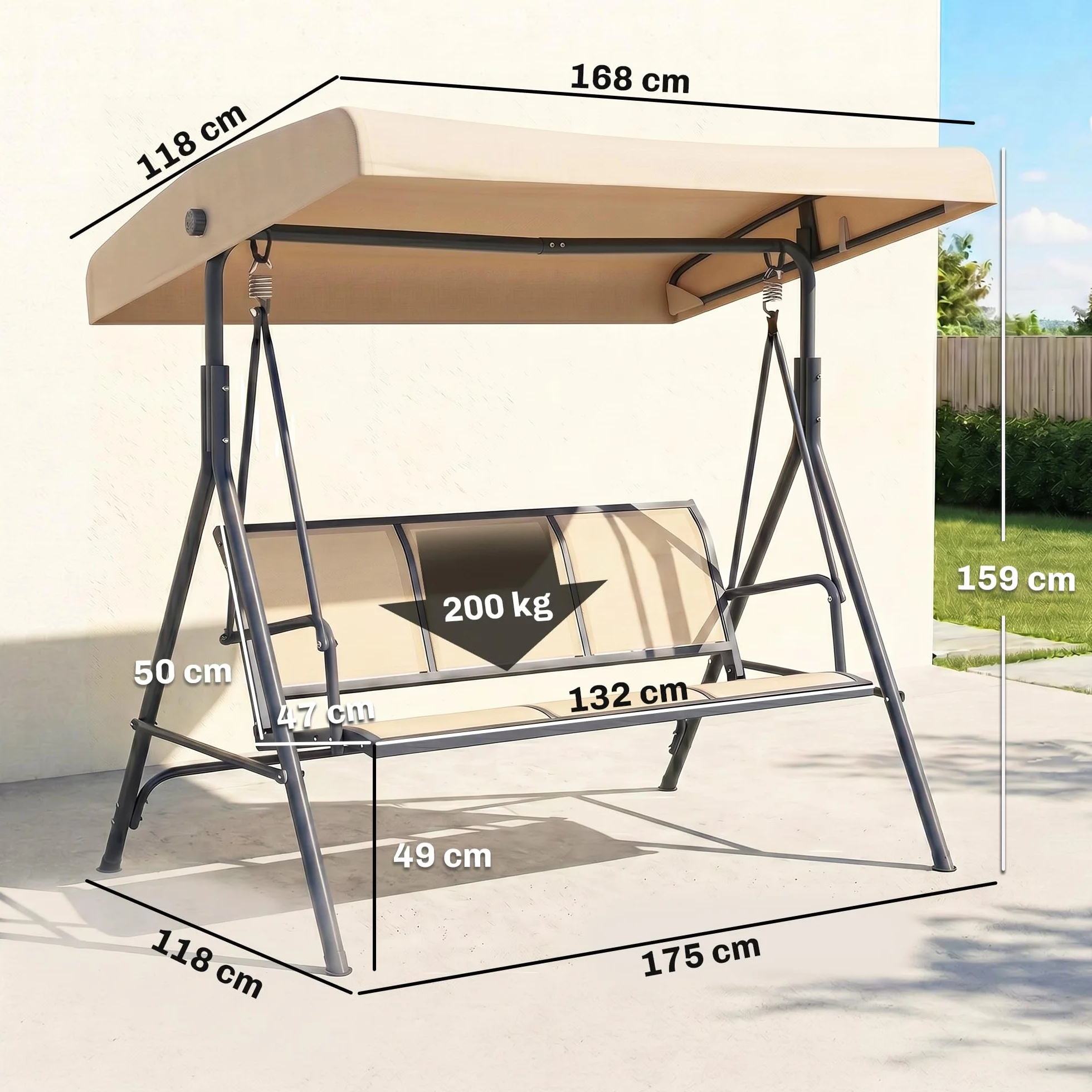 Outsunny Dondolo da Giardino 3 Posti con Tettuccio Parasole Regolabile, Dondolo da Esterno con Seduta Traspirante in Poliestere e Telaio in Acciaio, Portata 200 kg, Anti UV, 175x118x159 cm, Beige