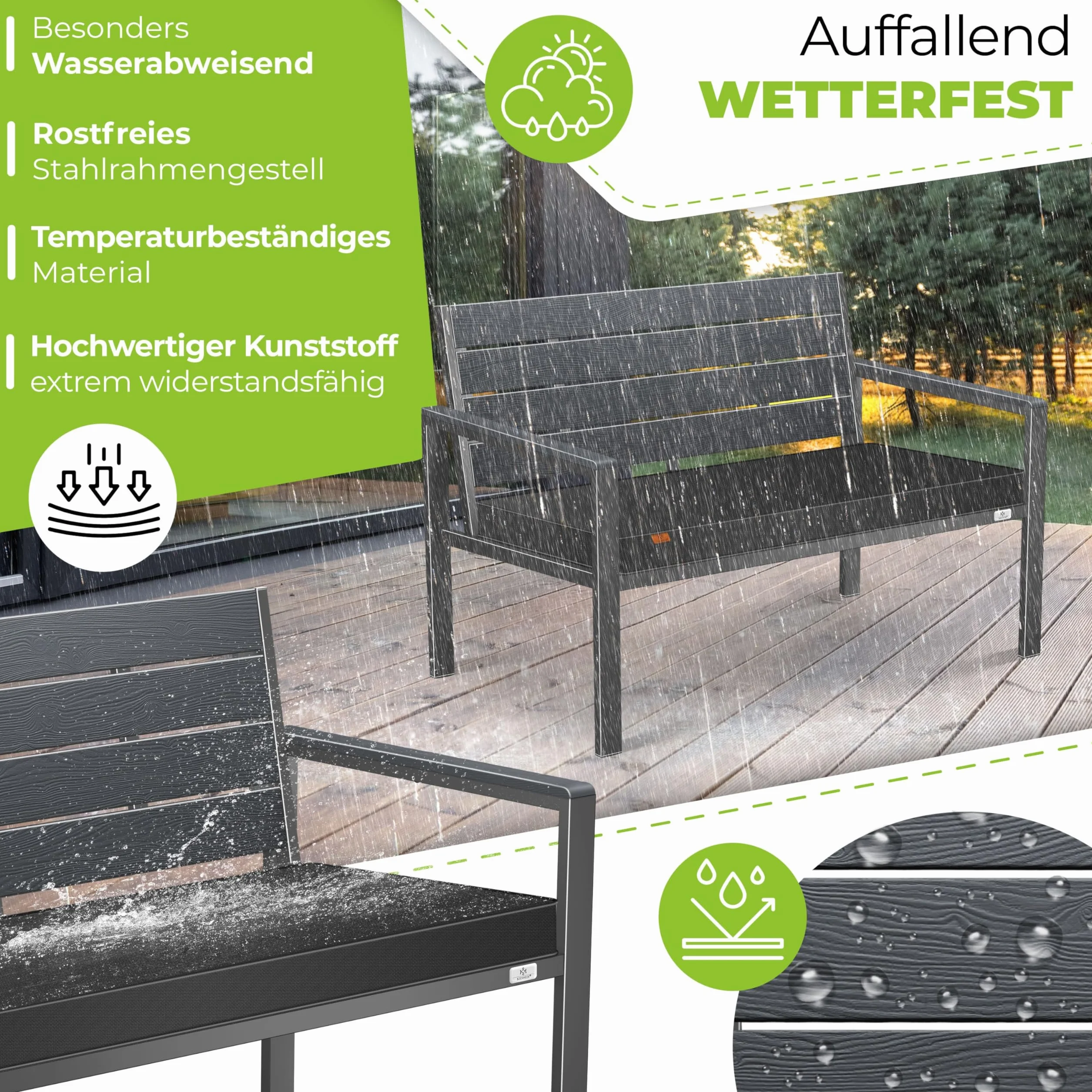 KESSER® Panca da giardino con cuscino, resistente alle intemperie, 2 posti, effetto legno, per balcone, terrazza, balcone, portata fino a 300 kg, resistente ai raggi UV, con rivestimento imbottito