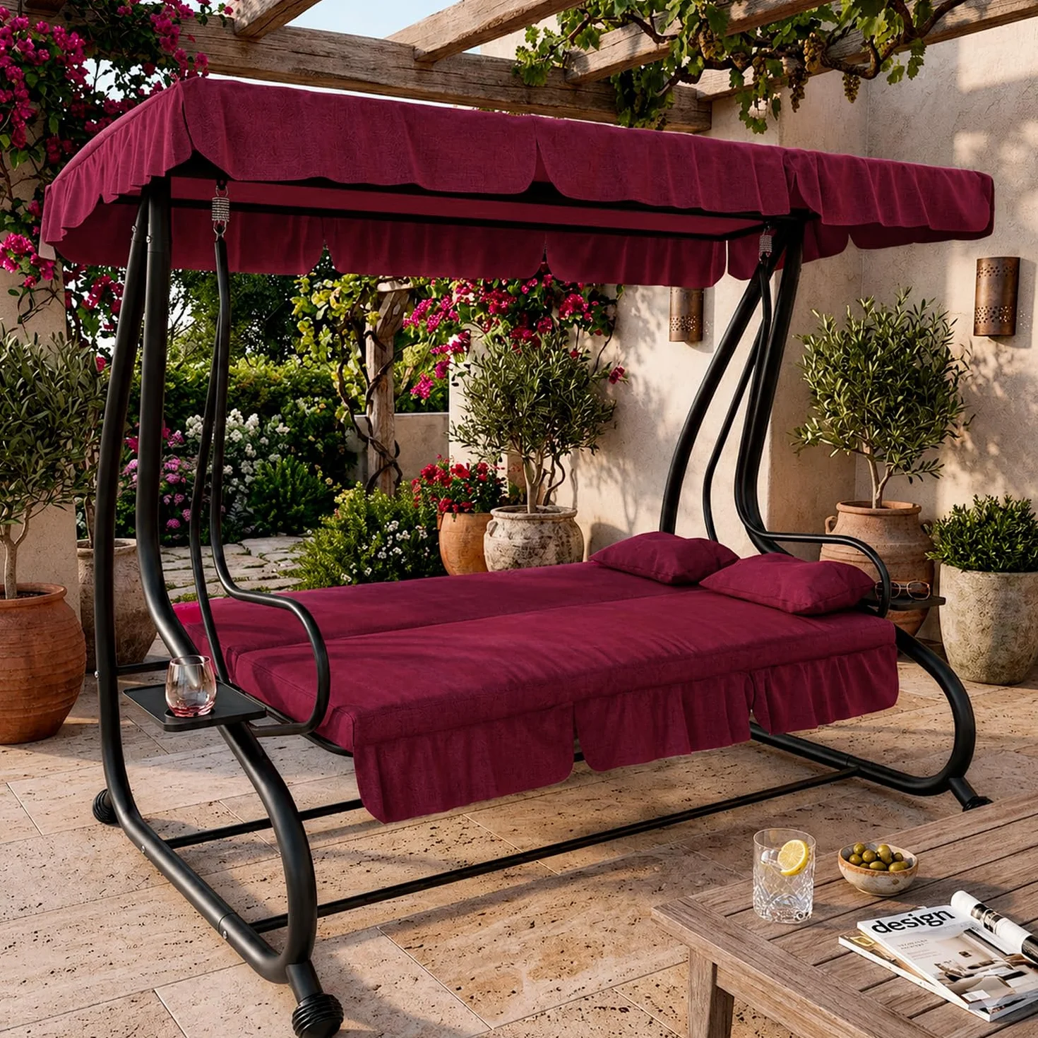 Dondolo 3 Posti Reclinabile Madeira Tettuccio Parasole Regolabile Cuscini Imbottiti Diventa Letto Struttura Robusta In Acciaio Verniciato Giardino Esterno Balcone Terrazzo 200 x 120 x 160 cm Bordeaux