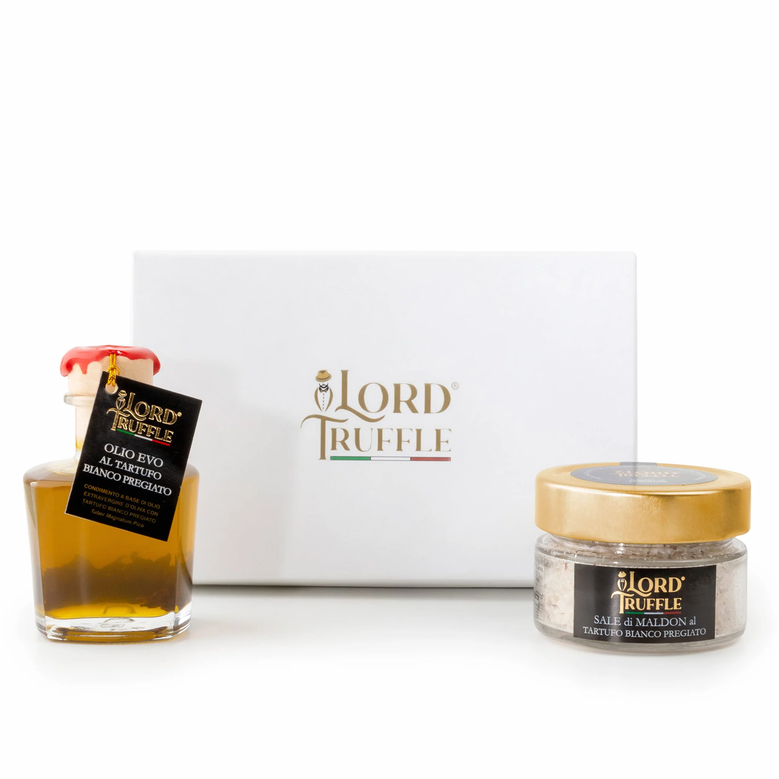 Lord Truffle | Set Regalo Lusso: 1 Olio EVO Italiano al Tartufo Bianco Pregiato 100ml e 60 g di Fiocchi di Sale Maldon con Tartufo Bianco Italiano Pregiato, Qualità 100% Italiana