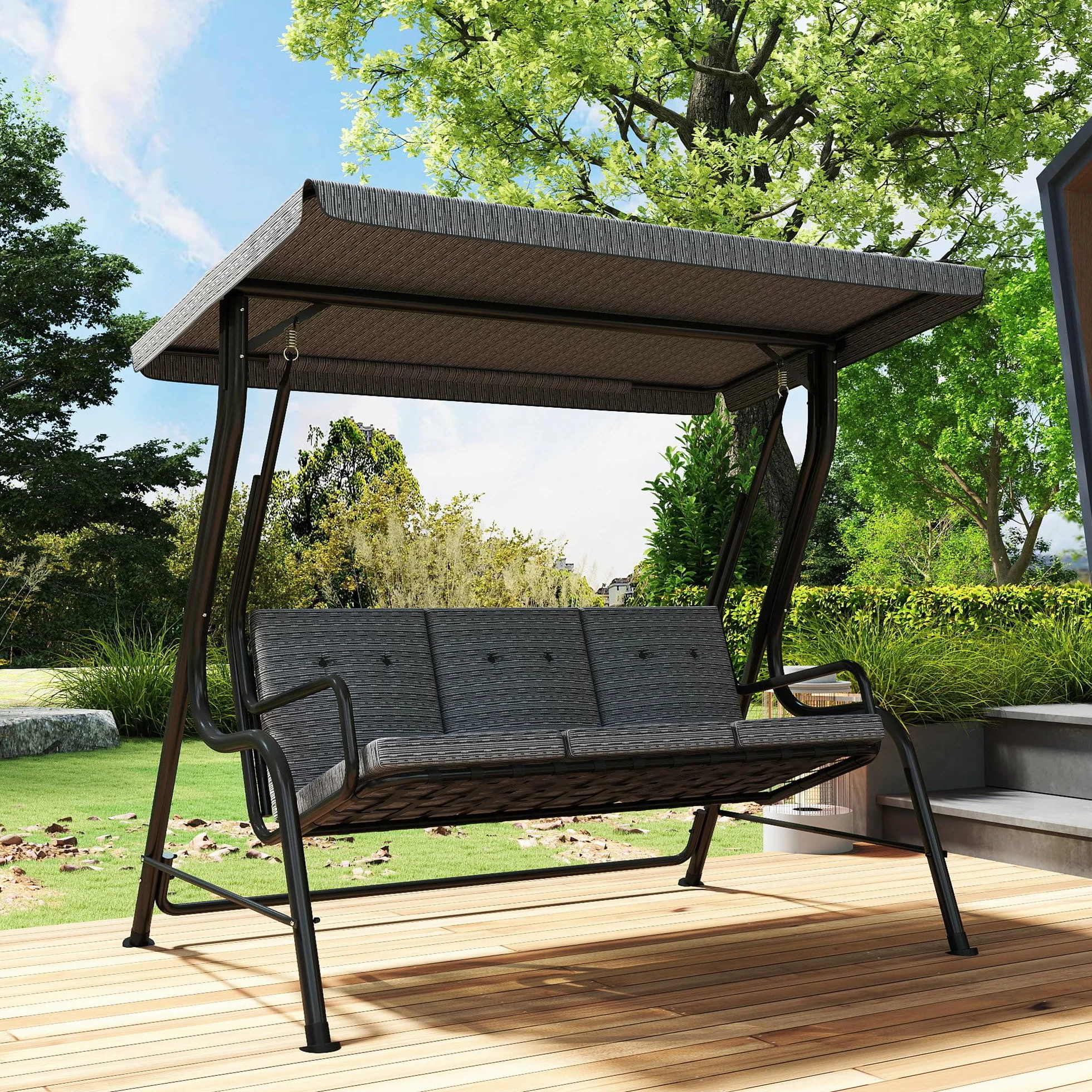 Outsunny Dondolo da Giardino per 3 Persone con Tettuccio Regolabile e Cuscini Imbottiti, 200x120x170cm, Nero