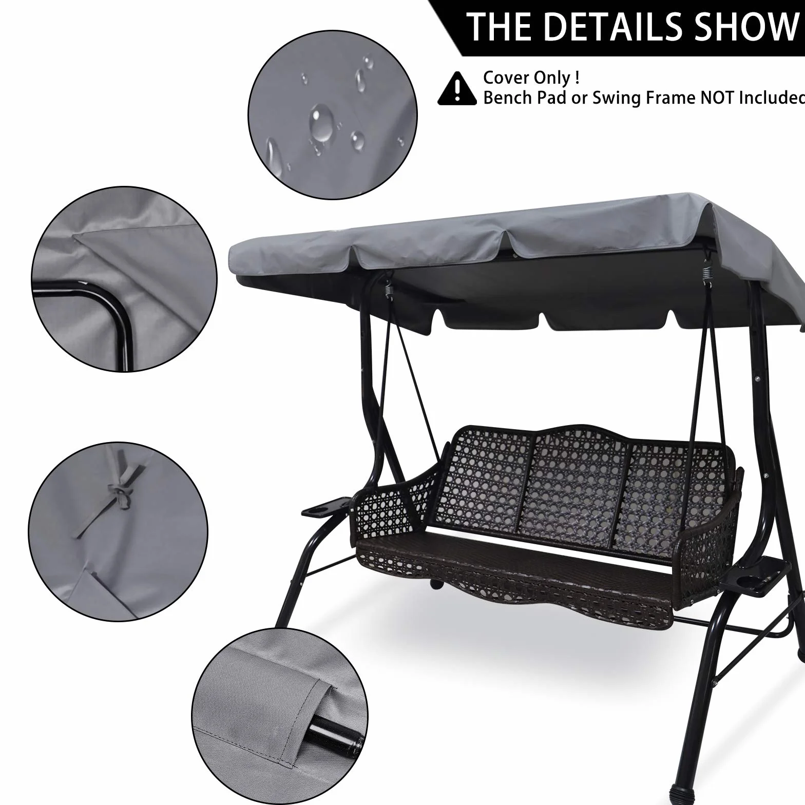 Tetto di ricambio universale per dondolo da giardino a 3 posti, rivestimento di ricambio per tettuccio parasole, altalena (large, grigio) (Grigio, S)