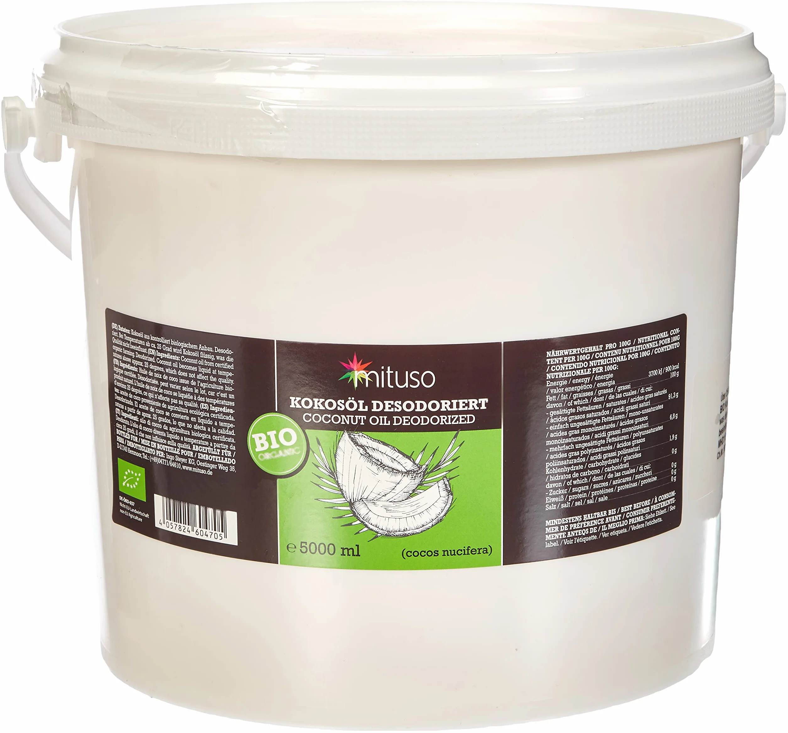Mituso Olio di Cocco Biologico Mituso, Insapore (Deodorato), Confezione da 1 (1 X 5000 Ml) in Un Pratico Secchio - 5000 ml