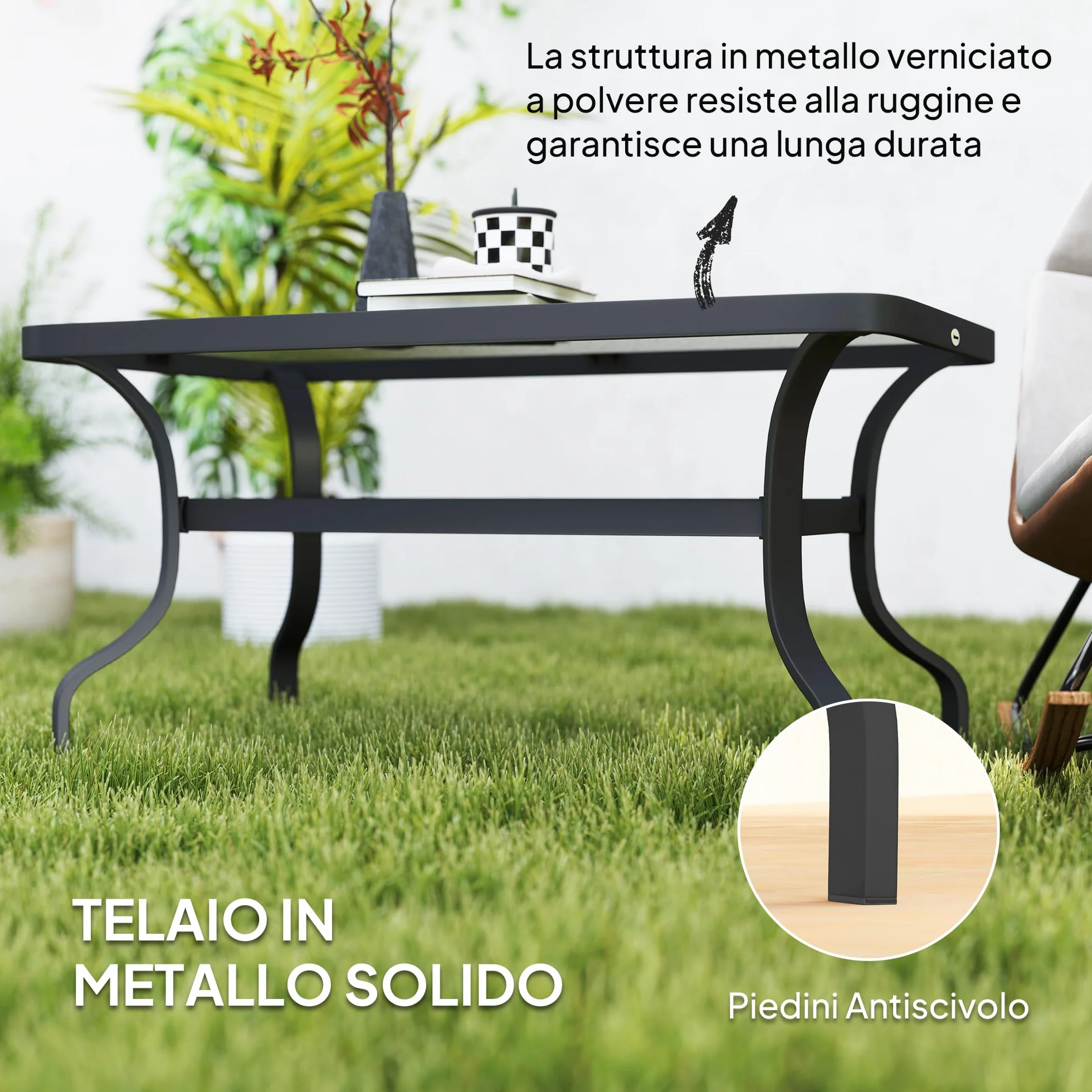 Outsunny Tavolino da Caffè per Esterno Rettangolare con Piano in Vetro Temperato, Tavolino da Giardino in Metallo, 95x55x46 cm, Nero