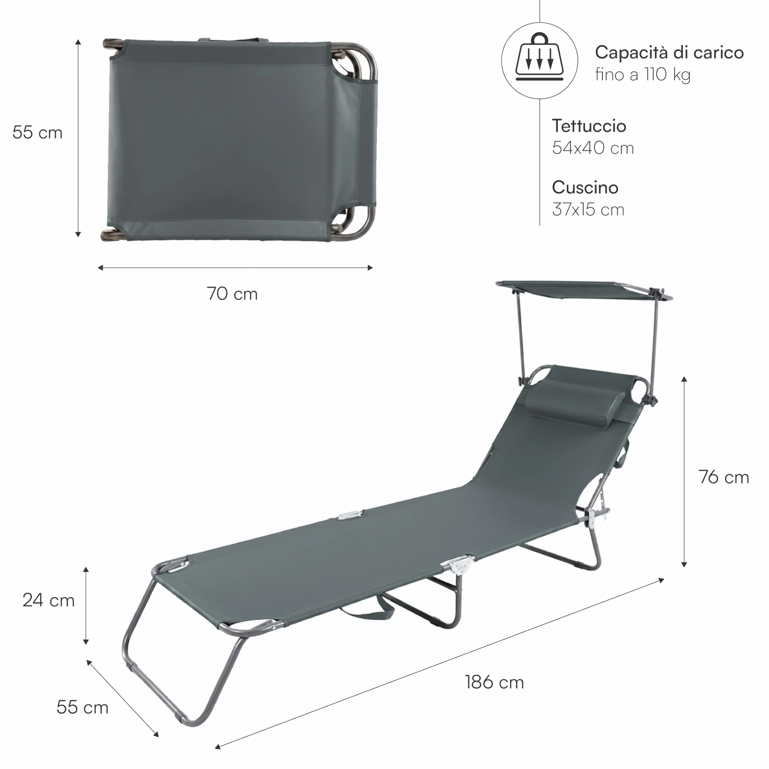 Baroni Home Sedia a Sdraio Pieghevole Reclinabile con Parasole Regolabile 360° e Cuscino Removibile, Lettino Prendisole in Metallo con Tessuto Idrorepellente, Portata 110 Kg, 186x55x24 cm Grigio