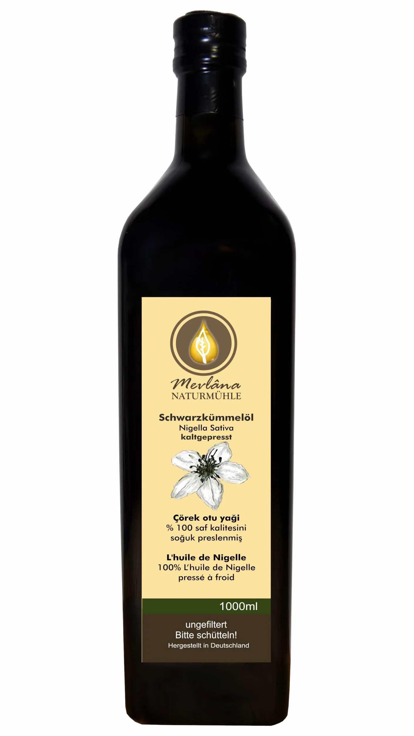 Mevlana - Olio di cumino nero, non filtrato, spremuto a freddo, pressato, qualità per alimenti grezzi, confezione da 1 (1 x 1 l)