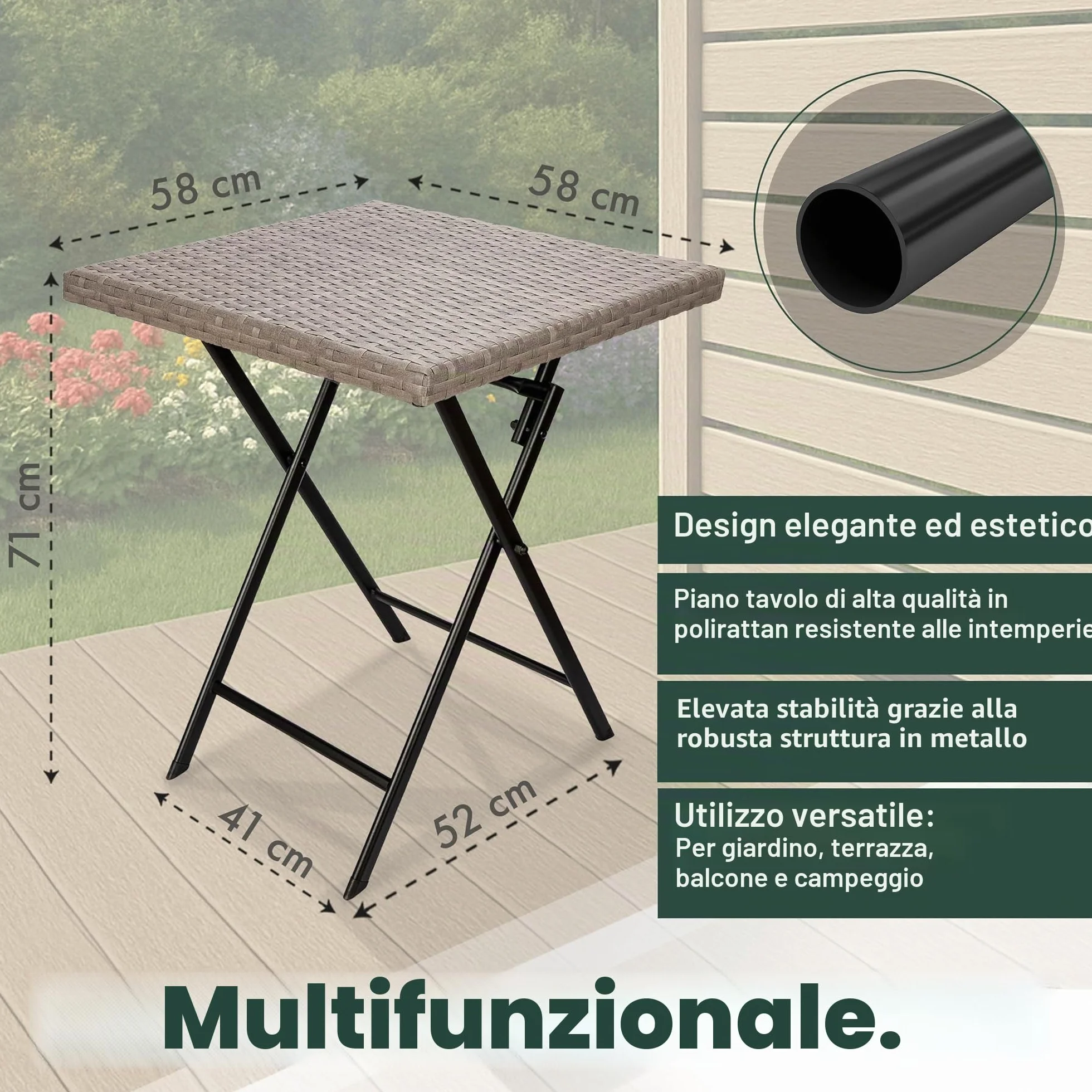 BRUBAKER Tavolo da giardino Toscana, 58 x 58 cm, resistente alle intemperie, in polyrattan e metallo, pieghevole, per balcone, terrazza e tavolo da bistrot, colore grigio