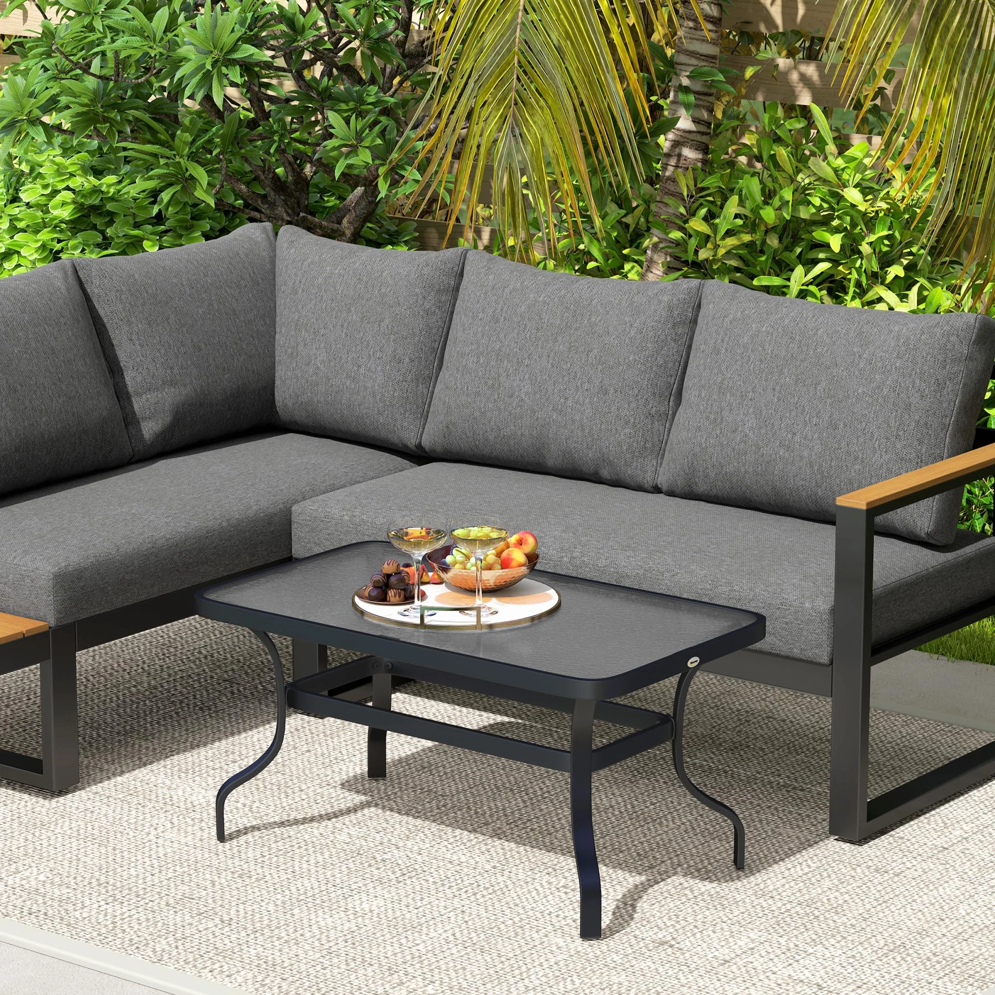 Outsunny Tavolino da Caffè per Esterno Rettangolare con Piano in Vetro Temperato, Tavolino da Giardino in Metallo, 95x55x46 cm, Nero
