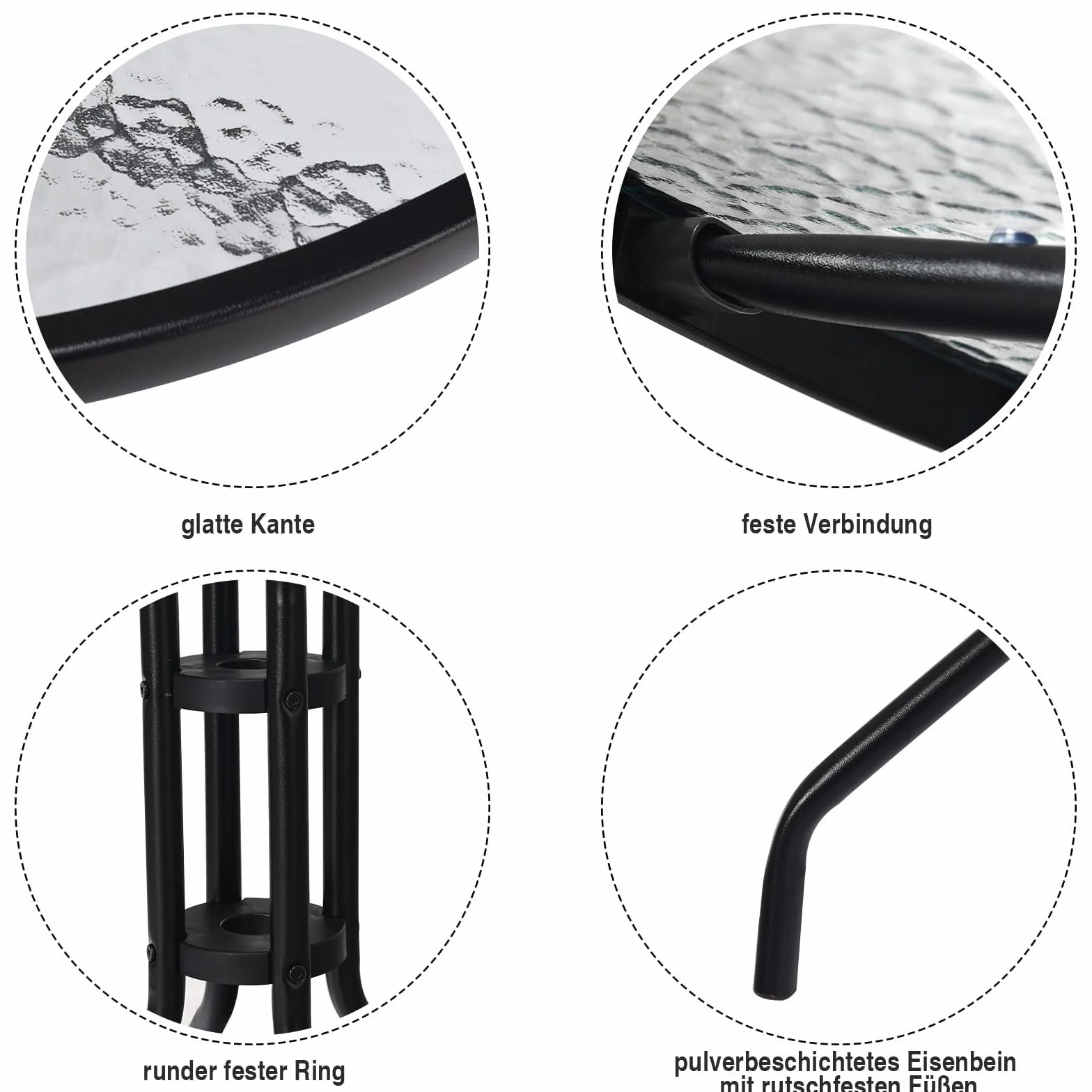 FANTASK Tavolo da giardino resistente alle intemperie, tavolo da balcone rotondo con foro per ombrellone, tavolo da terrazza con piano in vetro temperato, per cortile, 70 x 70 x 71 cm, terrazza e
