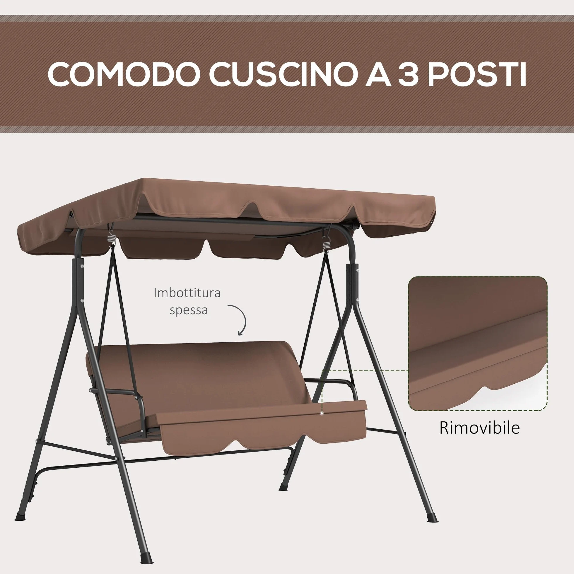 Outsunny Dondolo da Giardino 3 Posti con Tettuccio Parasole Regolabile, Dondolo da Esterno con Seduta Traspirante in Texteline e Metallo, Portata Fino a 240 kg, 172x110x153 cm, Marrone