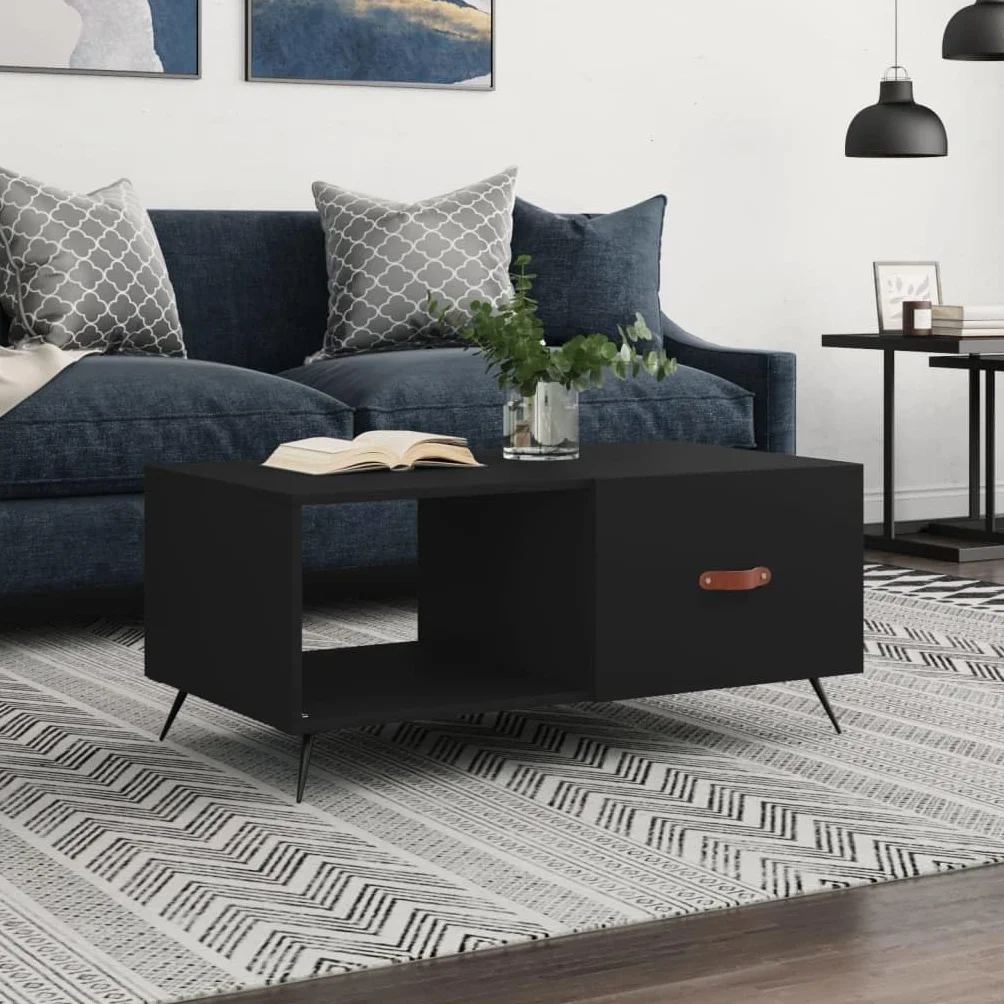 Tavolino nero con vano portaoggetti e porta in legno resistente con superficie liscia e gambe in ferro, 90 x 50 x 40 cm, elegante tavolino da salotto