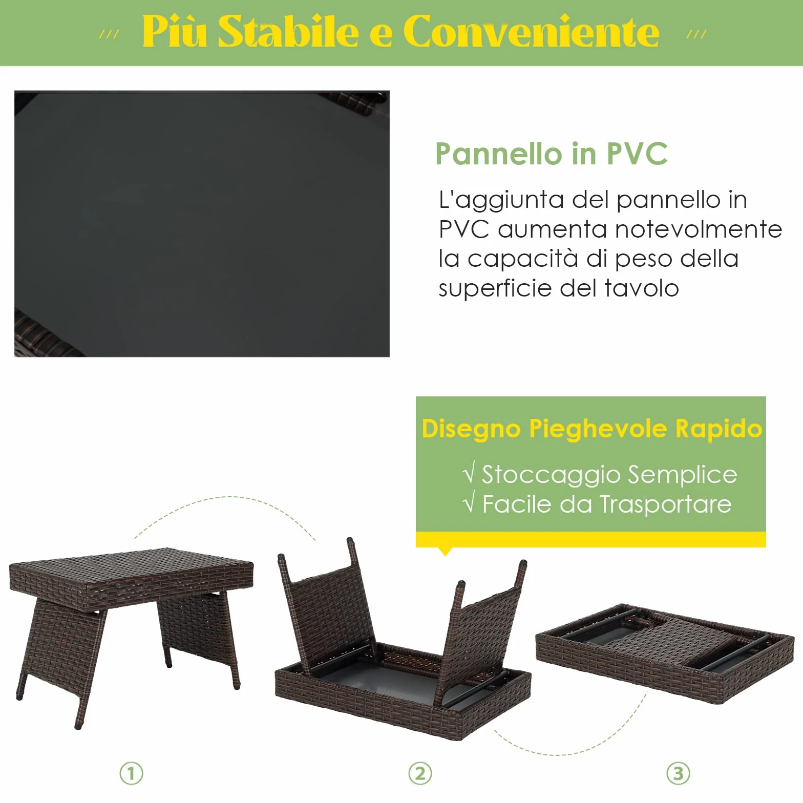 COSTWAY Tavolino da Caffè Rettangolare in Vimini Pieghevole, con Struttura in Acciaio Resistente e Cuscinetti Antiscivolo, Utilizzabile da Interno e Esterno (Marrone)