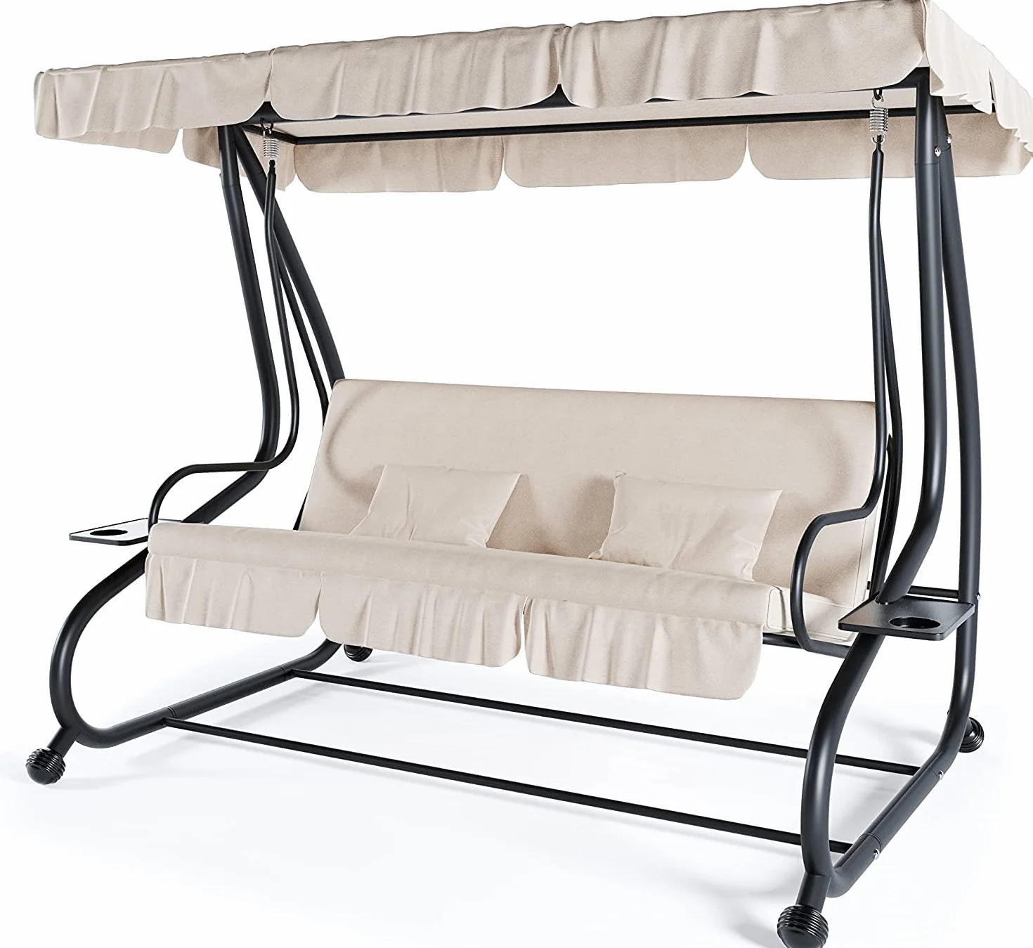 BRICOZONE Dondolo Reclinabile 3 Posti Con Cuscini Imbottiti Parasole Tettuccio Regolabile Diventa Letto Struttura Acciaio Robusto Giardino Esterno Balcone Terrazzo Piscina 200 x 120 x 160 cm Beige