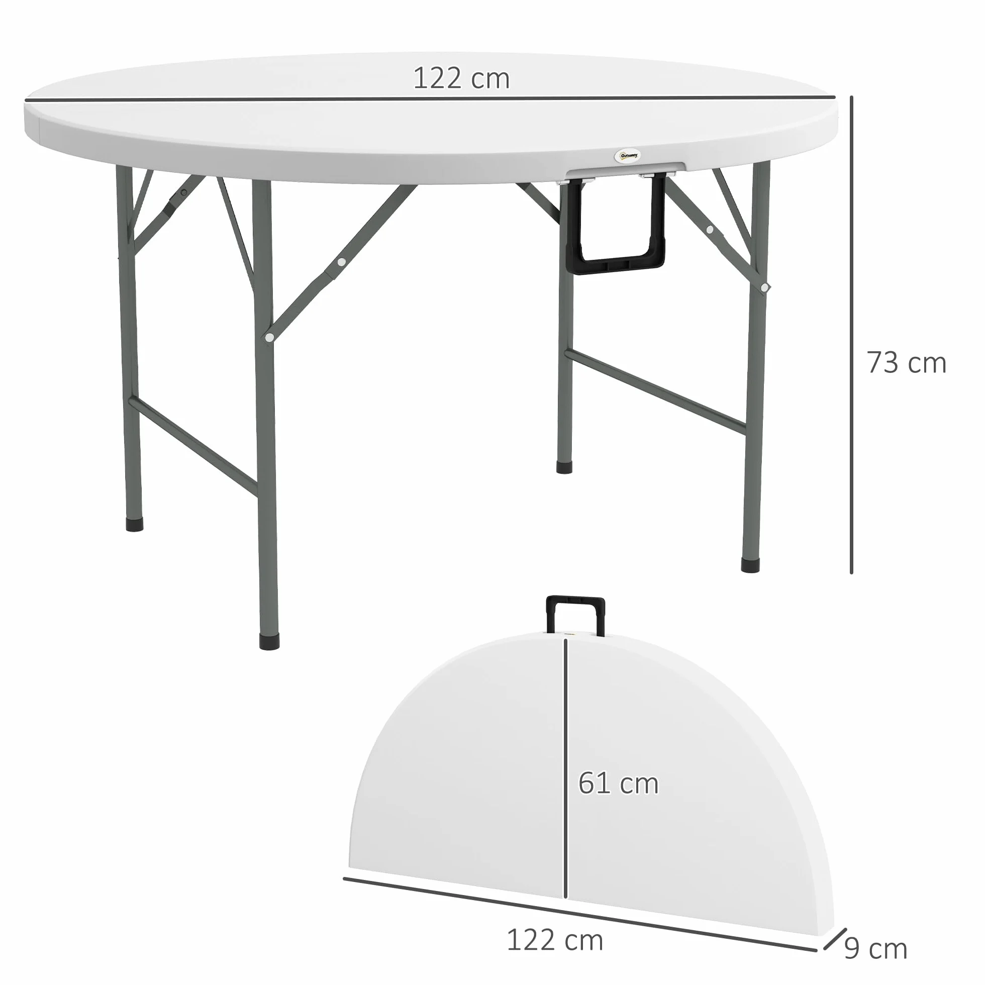 Outsunny Tavolo Pieghevole per Giardino, Balcone e Campeggio, Tavolo Rotondo in Acciaio e HDPE, Ø122x73 cm, Grigio e Bianco