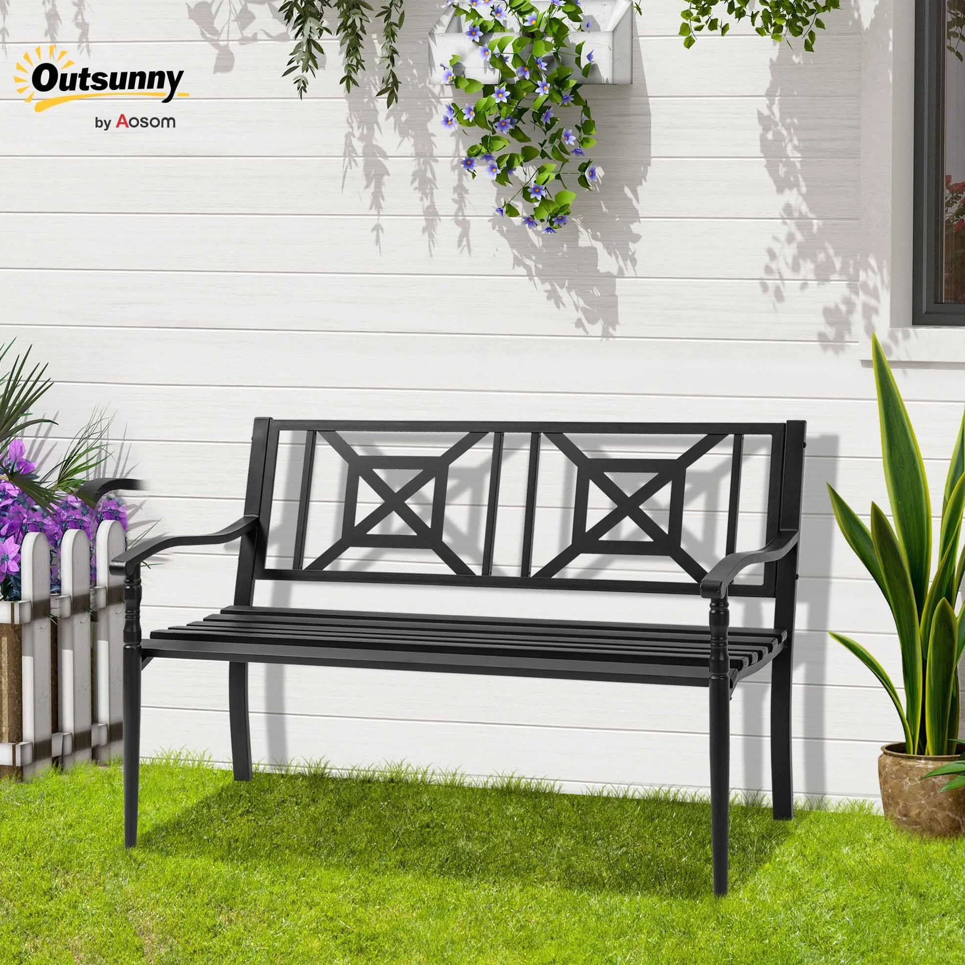 Outsunny Panchina da Giardino in Acciaio per 2 Persone, Panchina da Esterno con Schienale Alto e Braccioli, 128x62.5x81.5 cm, Nero