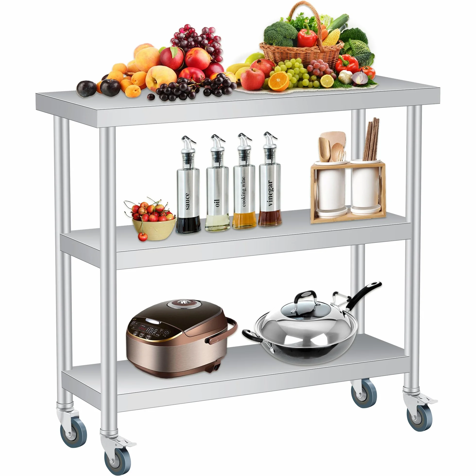 Tavolino Laterale Esterno Acciaio Inossidabile 3 Ripiani – Banco Lavoro Patio Commerciale Resistente Alla Ruggine, Facile Pulire Giardino, Cucina, Ristorante, Garage – Con Ruote, Dimensioni