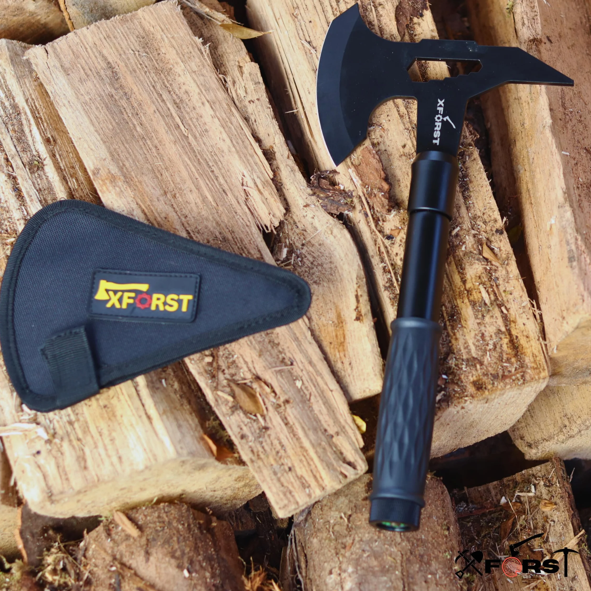 Xforst TM1 Ascia Compatta da Campeggio in Acciaio al Carbonio, Smontabile 2 Pezzi con Fodero e Impugnatura Antiscivolo