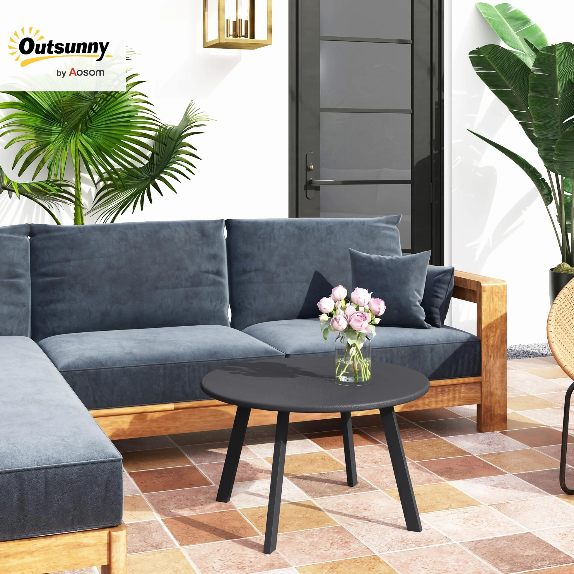 Outsunny Tavolino da Giardino Rotondo stile Industriale con Piedini Antiscivolo, Tavolino da Caffè in Metallo, per Balcone, Giardino, Terrazza, Soggiorno, Ø70x42 cm, Grigio Carbone