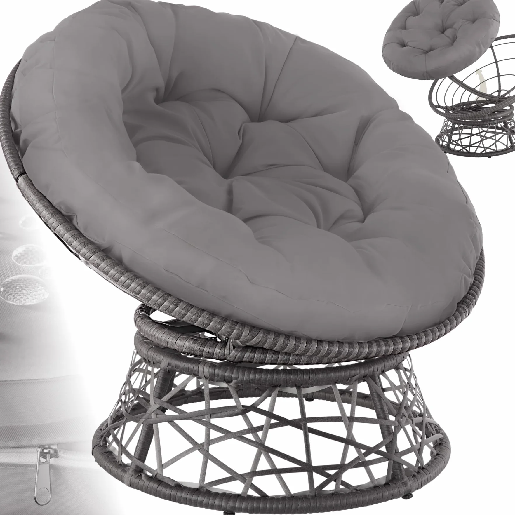 tectake®, Poltrona Rotonda in Rattan Girevole, Cuscino Confortevole, Sedia da Esterno, Giardino, Terrazzo, Stabile e Durevole, Grande Comfort, Adatta per Balcone e Giardino - Grigio