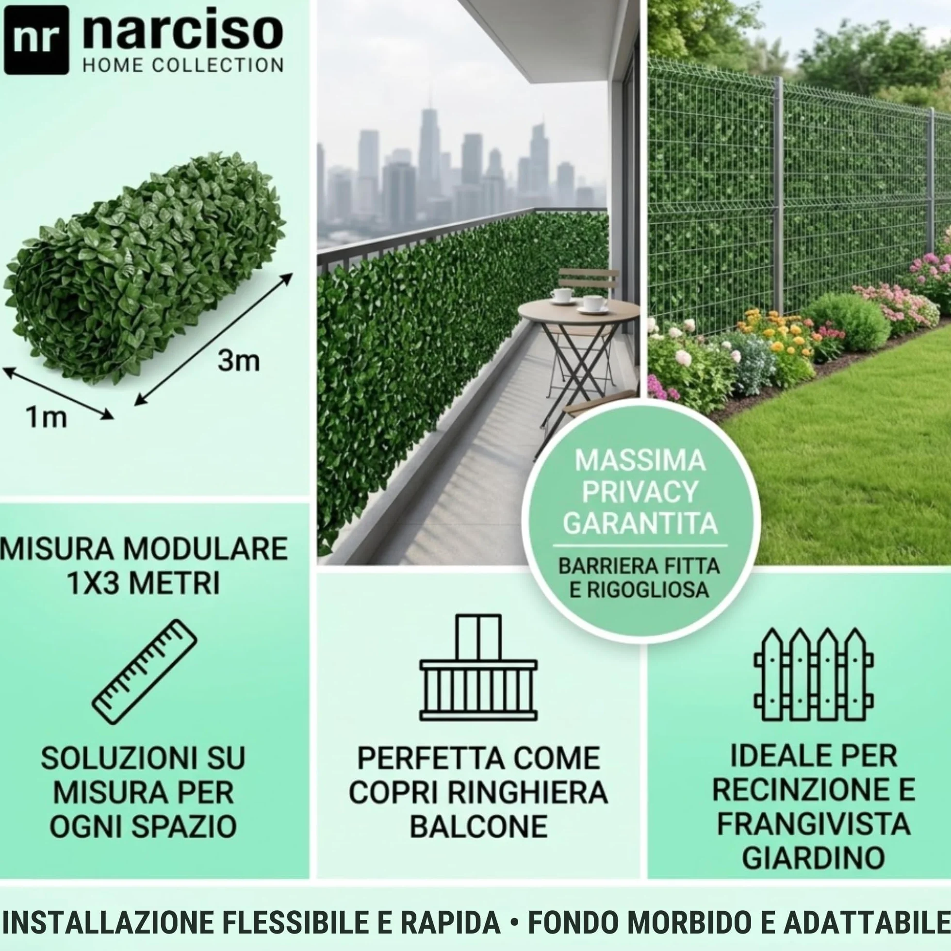 NARCISO Siepe Artificiale da Esterno 1x3 Metri, Siepe Finta per Recinzione Giardino Esterno, Edera in PVC Perfetta per Garantire Privacy Copri Ringhiera Balcone e Frangivista Giardino (Pack da 1)