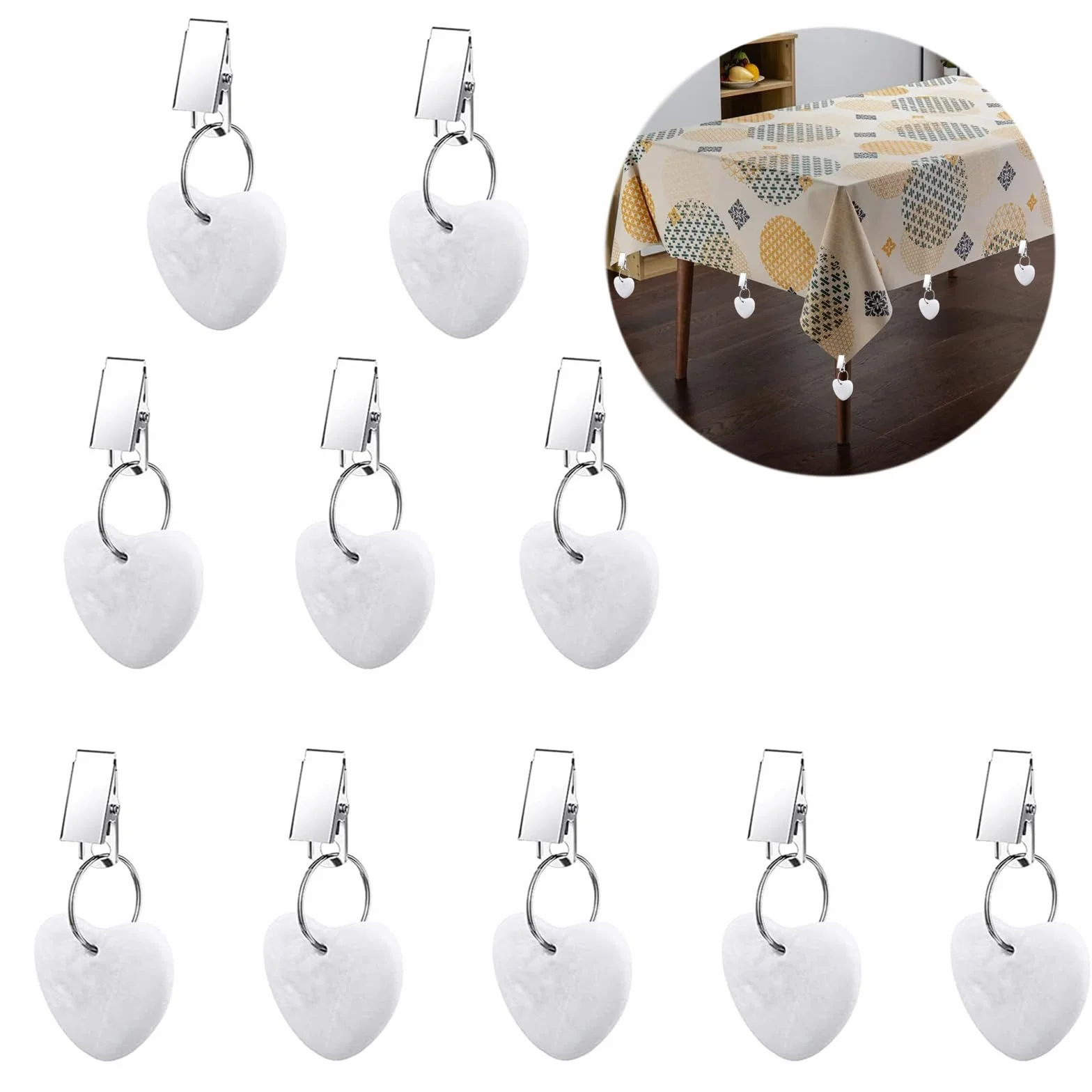 ZVO 10 fermacavovaglia, pesi per tovaglia con clip per esterni, in pietra naturale con clip per tavoli in giardino, picnic, feste, cucina, sala da pranzo (cuore)