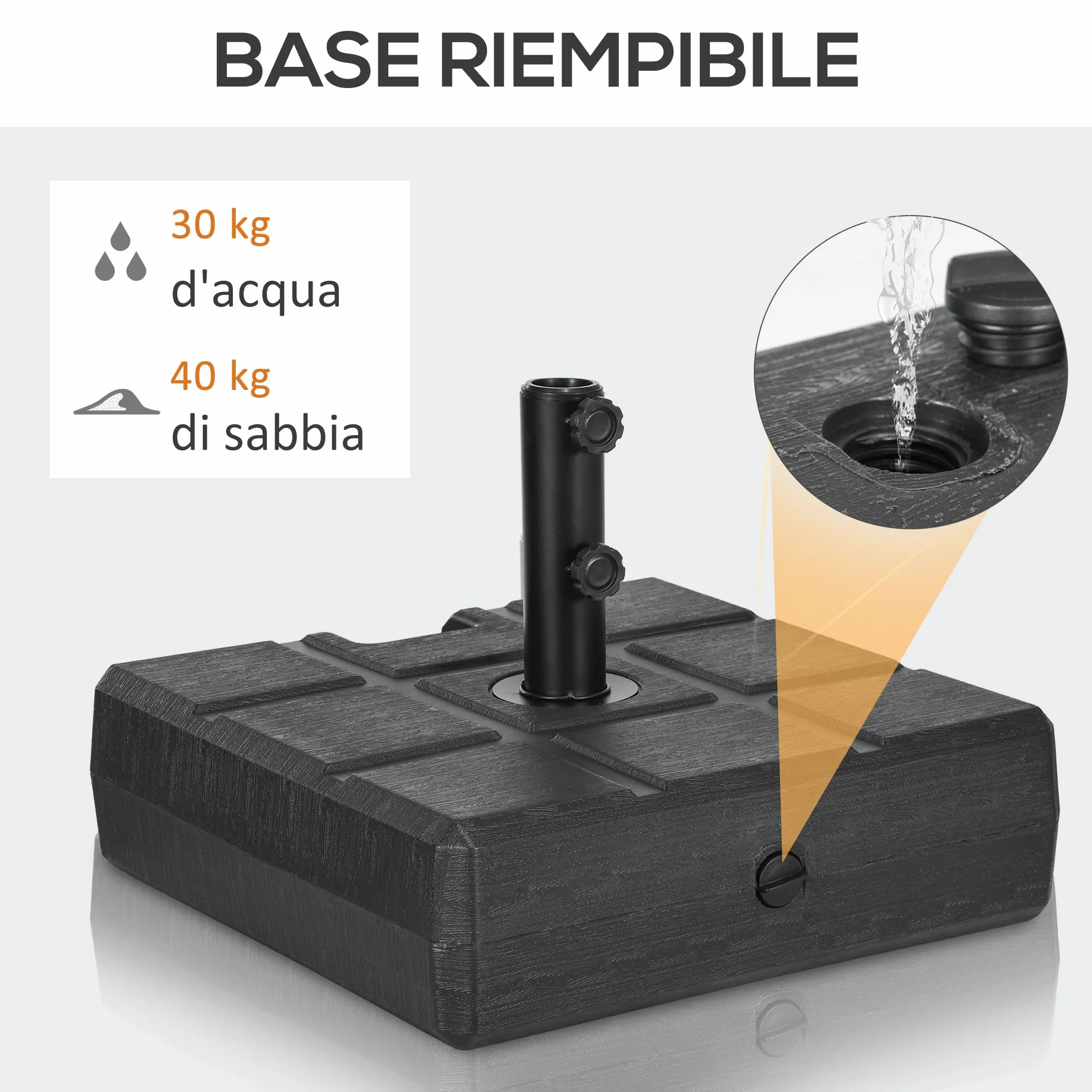 Outsunny Base per Ombrellone da Giardino Riempibile con Maniglia Incorporata e Beccuccio Laterale, Basamento per Ombrellone in HDPE, per Pali di Ombrelloni da Ø38/48 mm, 49x49x36.5 cm, Nero