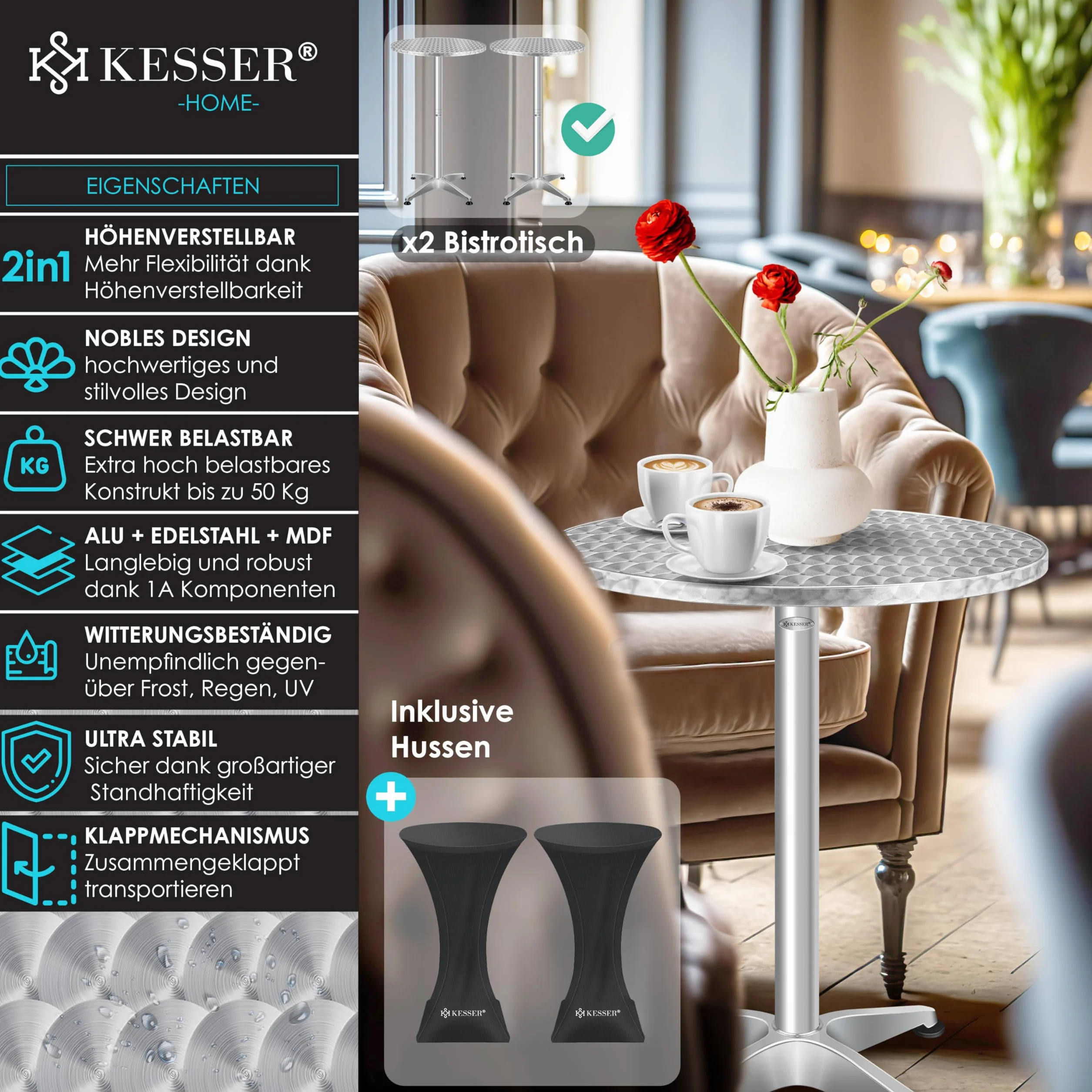 KESSER Tavolo da bistrot pieghevole 2 in 1, set da 2 pezzi, piastra in alluminio in acciaio inox, altezza 70 cm/115 cm, diametro 60 cm, tavolo da ricevimento per interni ed esterni, tavolo pieghevole
