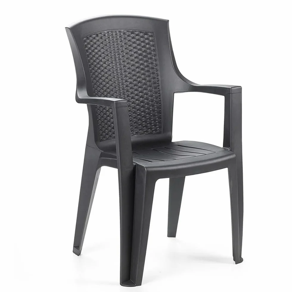 Set Sedie Eden Antracite Impilabili con Braccioli – 4 o 6 Pezzi – Poltroncina da Giardino Effetto Rattan, Leggera 3,4 kg, Resistente per Esterno e Interno, Plastica