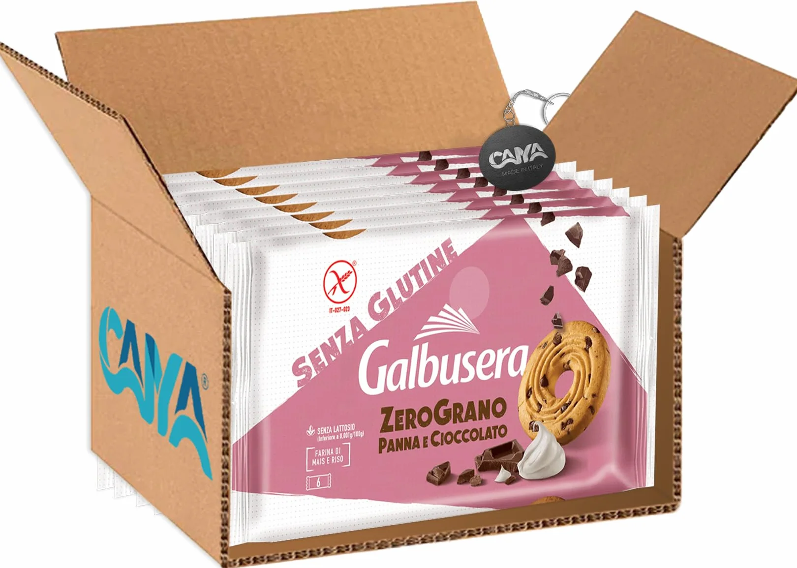 Galbusera ZeroGrano Frollini con Panna e Gocce di Cioccolato, Senza Glutine e Lattosio (Gluten & Lactose Free) 220g [CAIYA® BOX da 8 Confezioni]